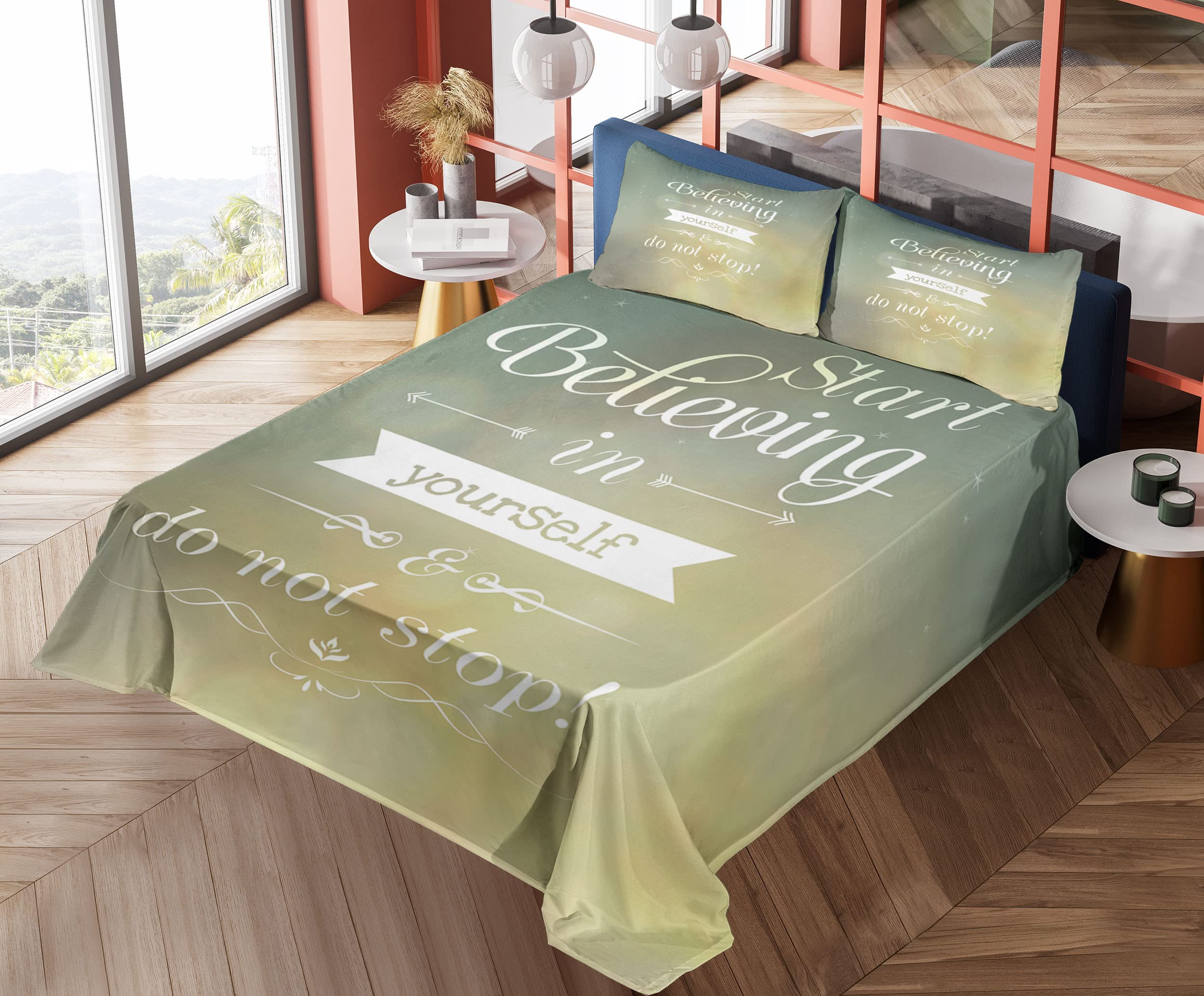 Ambesonne Motivational Sheet Set - 'Start Believing in Yourself' Typographic Design, 4-Piece King Size Bedding Set with Fitted Sheet, Flat Sheet & Pillowcases in Teal & Yellow - Perfect for Home Decor, Guest Rooms & Inspirational Bedroom Makeovers