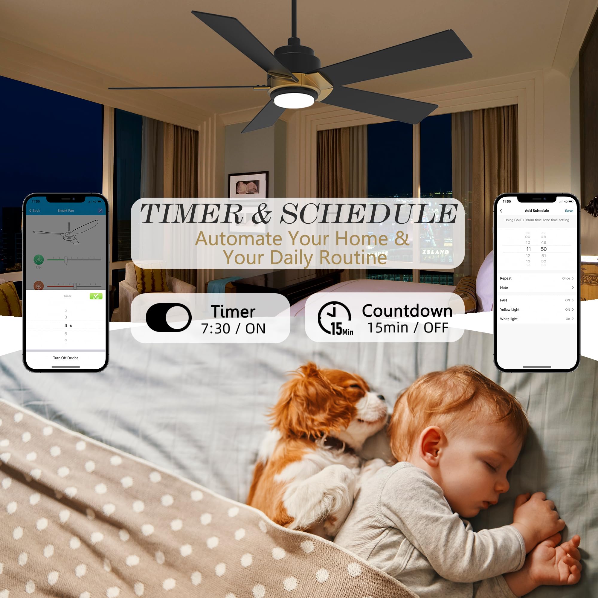 SMAAIR 52 Inch Smart Ceiling Fan with Lights - Low Profile, Dimmable LED Light, 10-Speed Reversible DC Motor, APP/Alexa/Google Assistant/Siri Voice Control (Black/Gold) - Perfect for Bedroom, Living Room and Office Spaces