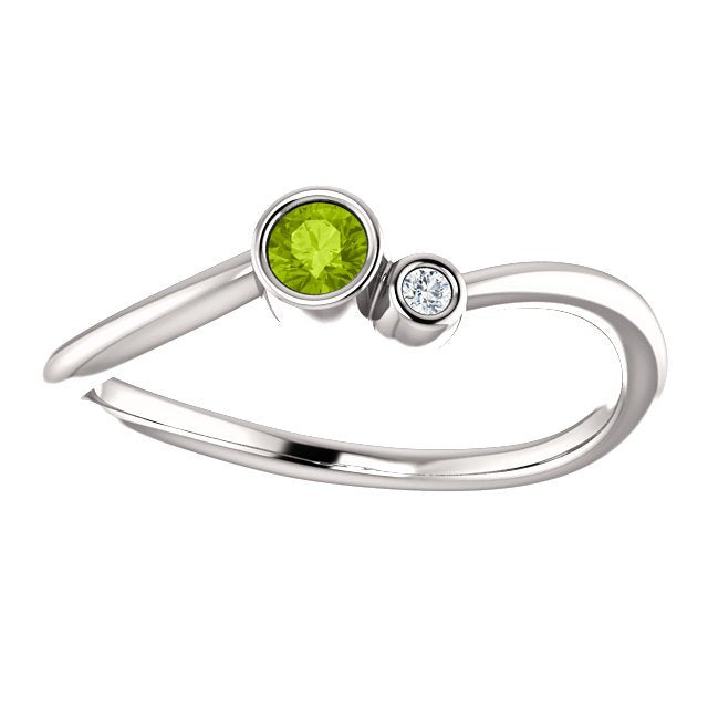 14K Gold Peridot and Diamond Ring - 0.13ct Peridot & 0.02ctw Diamond Bezel Set Two Stone Ring for Women - Perfect for Engagement, Anniversary or Everyday Jewelry Gift