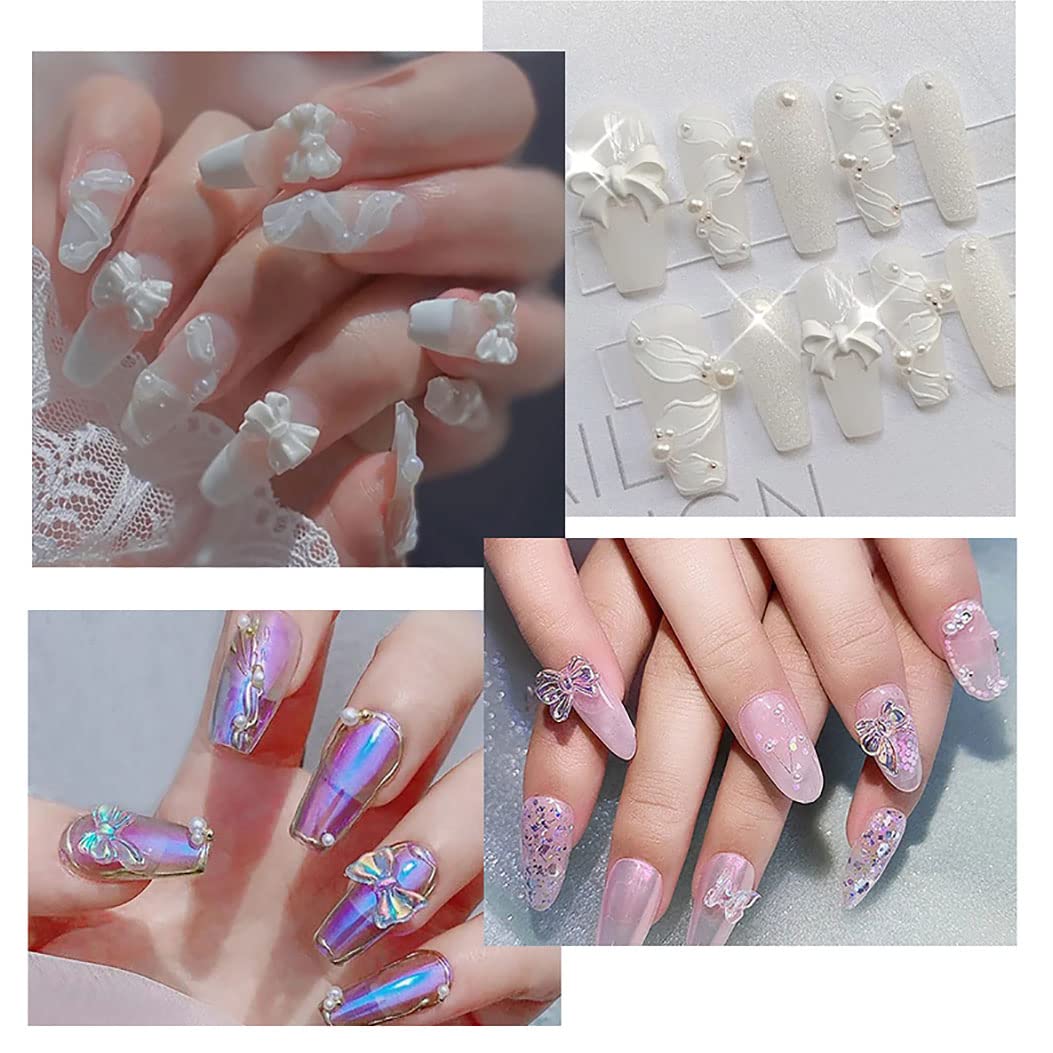 JERCLITY 3D Aurora Butterfly & Bow Nail Charms - 2 Boxes Nail Art Decorations with Pearls & Studs for Acrylic Nails - Perfect for Salon, DIY Manicure & Women's Nail Accessories - Great Gift for Girls & Teens