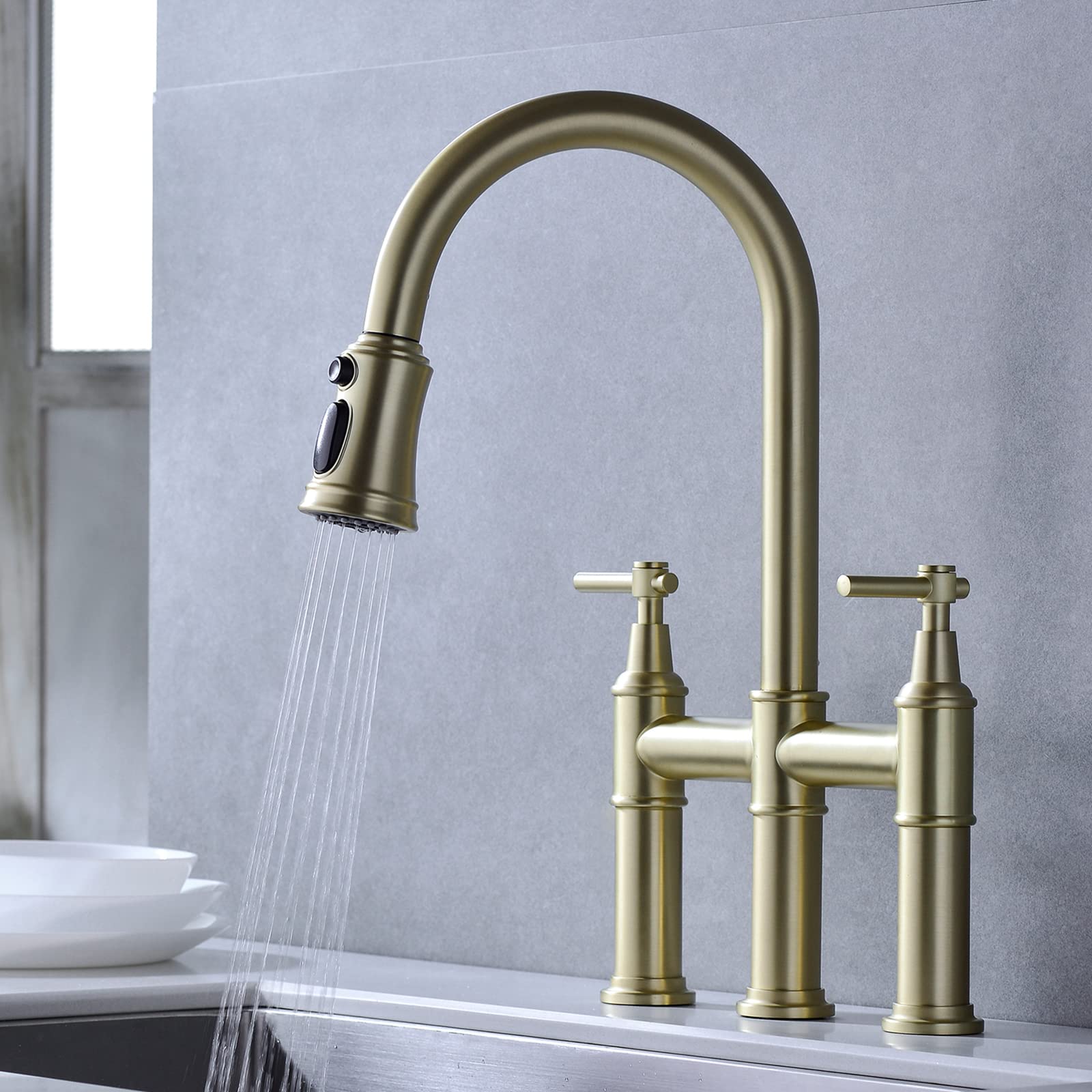 2-Handle High Arch Commercial Kitchen Faucet with Pull Down Sprayer - Solid Brass Gold Finish - 360° Swivel Sprayer for Easy Cleaning - Perfect for Restaurants & Home Kitchens