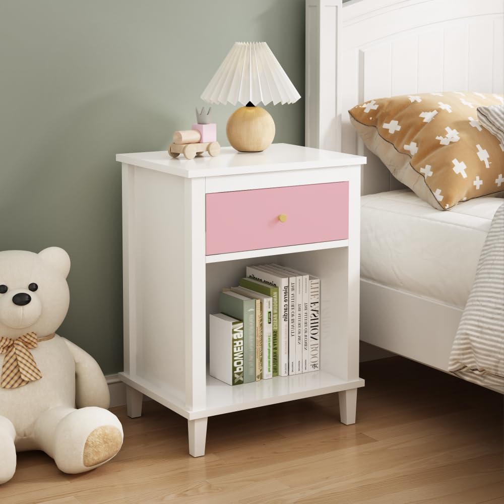 Modern Kids Nightstand with Drawer & Open Shelf - Wooden Toddler End Table for Boys & Girls - Pink, White & Multi-Color Options - Perfect for Bedroom, Living Room & Nursery Storage Organization