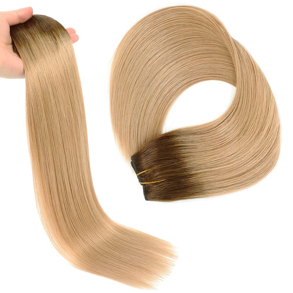 20 Inch Real Human Hair Extensions - Chocolate Brown to Caramel Blonde Straight Clip-in Hair Extensions with Invisible Wire & Transparent Fish Line for Seamless Blending | Perfect for Daily Wear, Parties, Weddings & Special Occasions