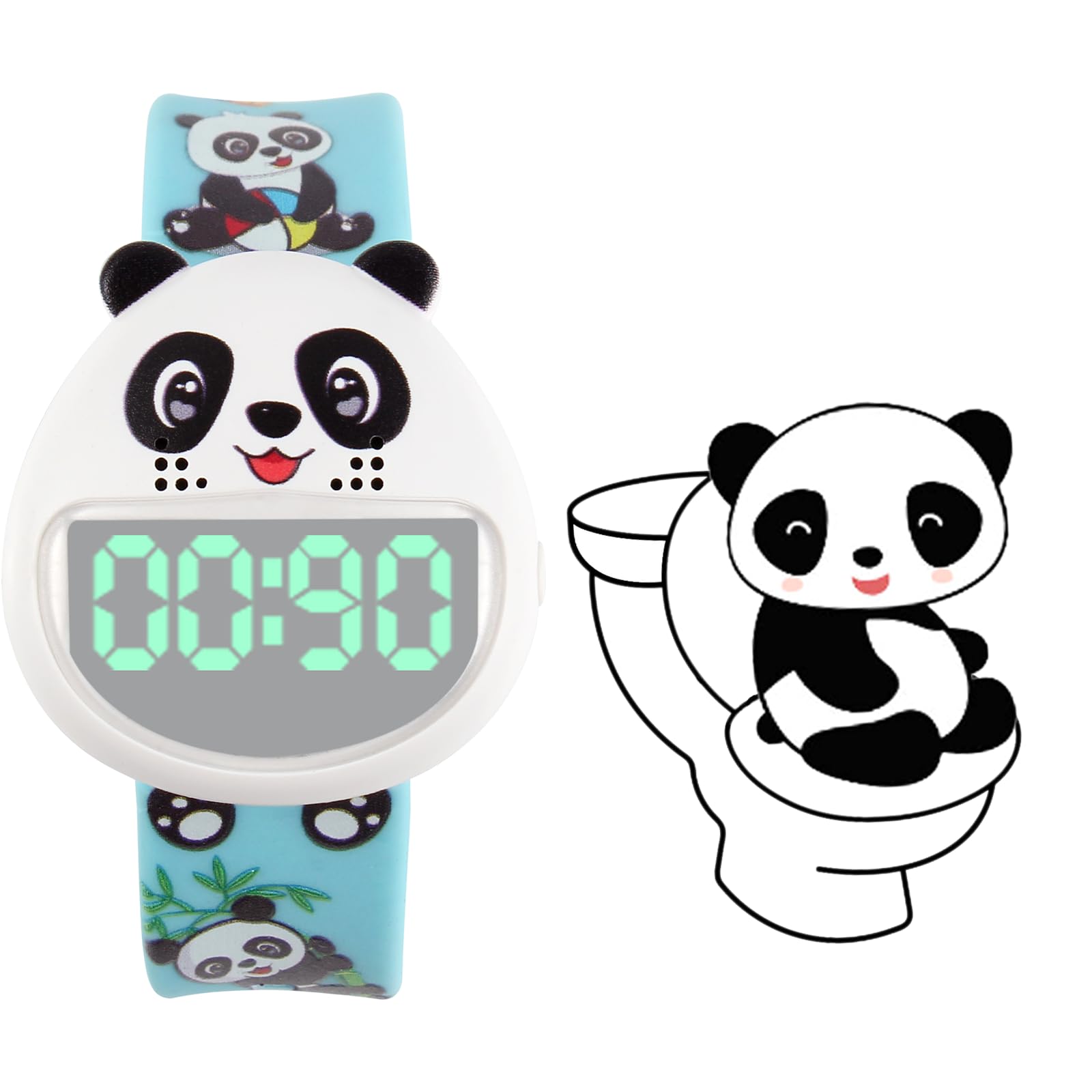 Panda Potty Training Timer for Kids - Adjustable 30/60/90 Minute Reminder with Music, Vibration & LED Alerts - Waterproof Toilet Training Device for Toddlers - Perfect for Home, Daycare & Travel Use (Blue)