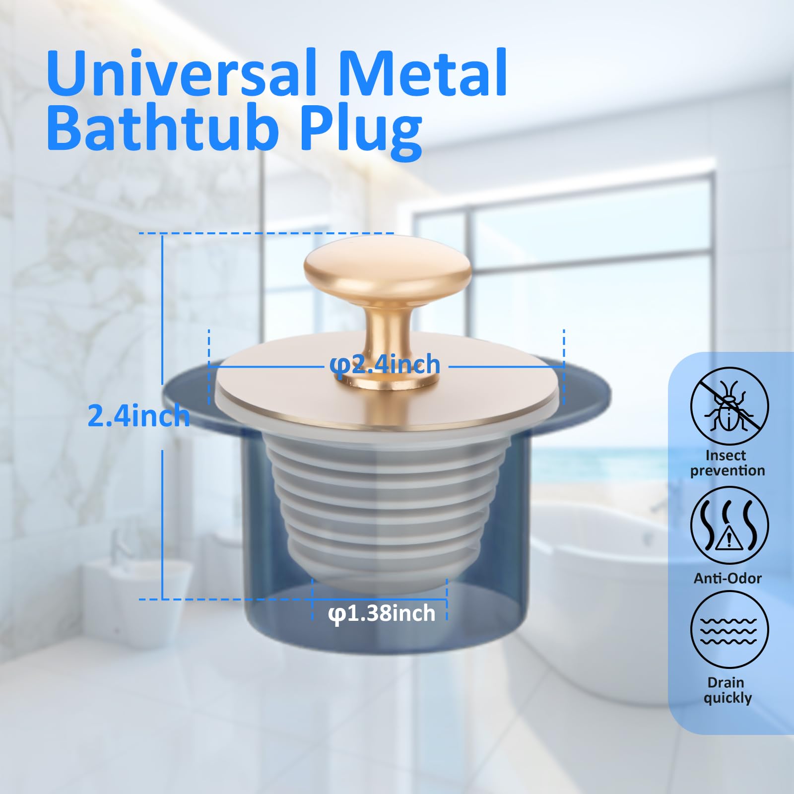 Universal Bathtub Drain Stopper - Rubber Drain Plug Replacement for Bathtubs & Bathroom Sinks (Gold, YGS8901) - Perfect for Leak Prevention & Water Conservation in Home Bathrooms