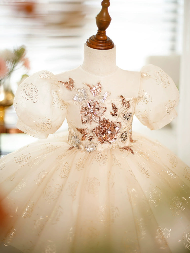 Champagne Princess Round Tea Length Organza Flower Girl Dress for Weddings & Special Occasions