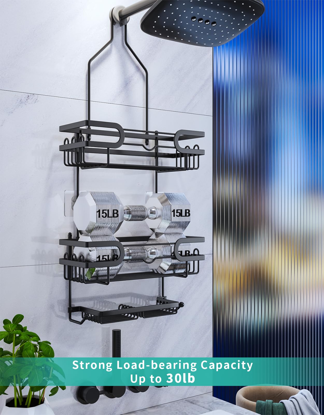 Rustproof Waterproof Hanging Shower Caddy - 12 Hooks & 2 Soap Holders No Drill Bathroom Organizer - Black | Space Saving Shower Storage for Small Bathrooms & Dorm Showers