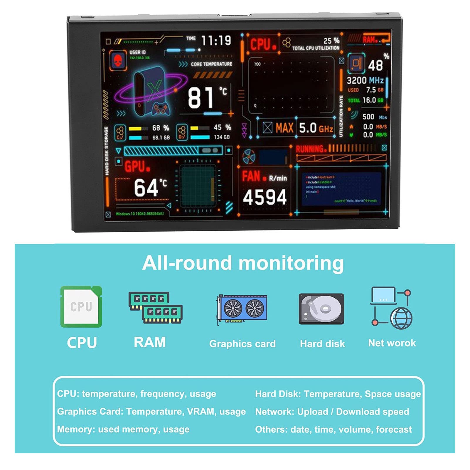 VBESTLIFE 3.5in IPS PC Temperature Monitor with Dual USB Ports - Mini Screen Sensor Panel Display, Visual Theme Editor, CPU/GPU/RAM/HDD Data Monitor - Perfect for Gaming PC Setup & System Monitoring