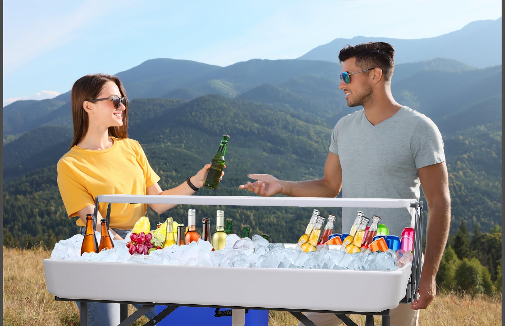 4 ft Folding Ice Table with Drain - Portable Cooler Table for Parties, Camping & Tailgating - Includes Matching Skirt (Outdoor, BBQ, Beach & Backyard Use)