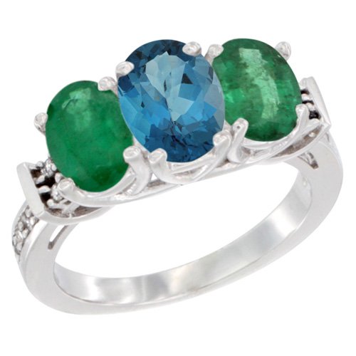 10K White Gold Natural London Blue Topaz & Emerald 3-Stone Ring with Oval Diamond Accent - Sizes 5-10 | Elegant Engagement, Anniversary & Special Occasion Jewelry Gift for Women