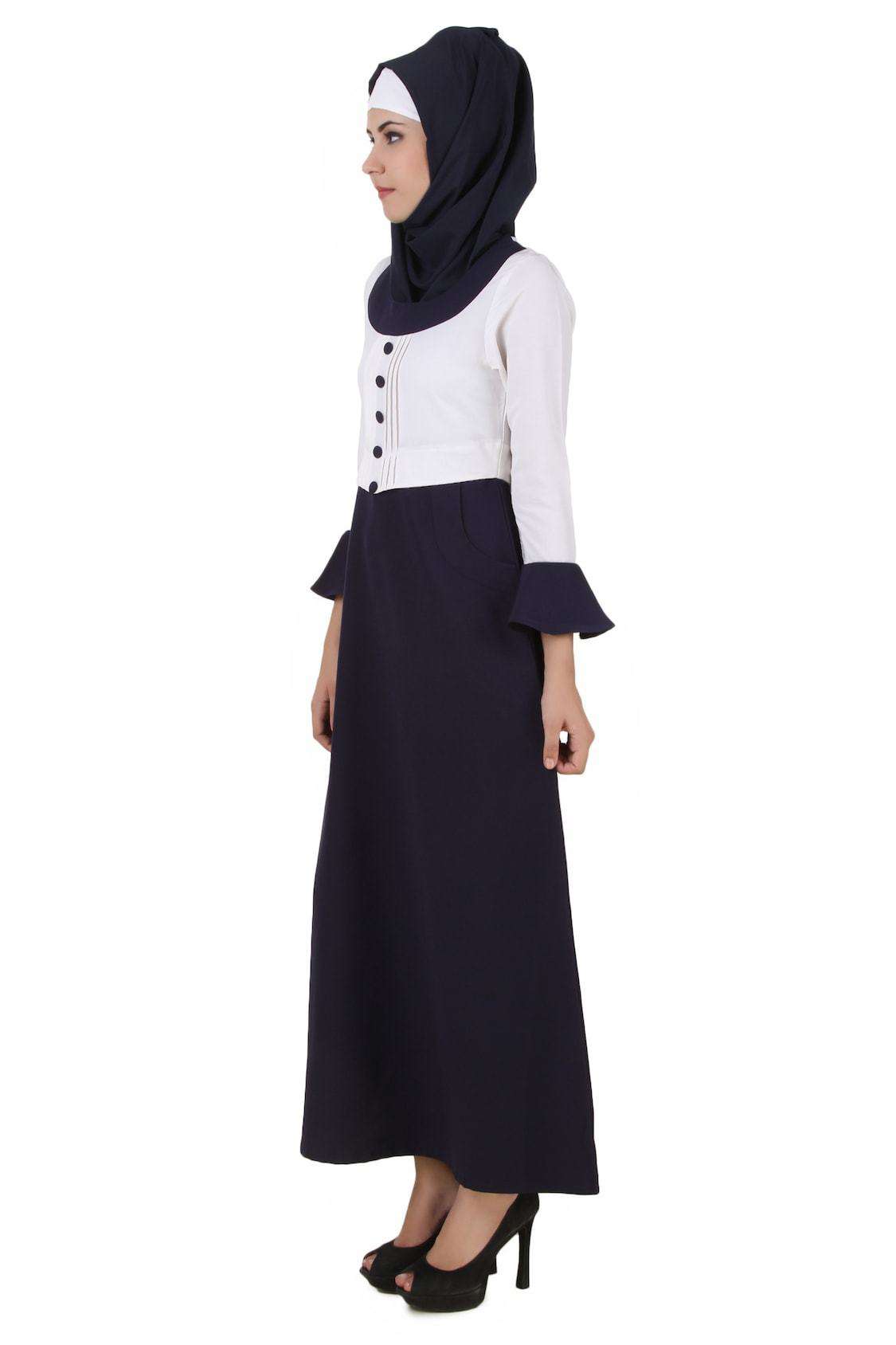 Eiman White & Navy Blue Kashibo Abaya - Modest Muslim Prayer Dress for Women - Perfect for Mosque, Eid, and Special Occasions