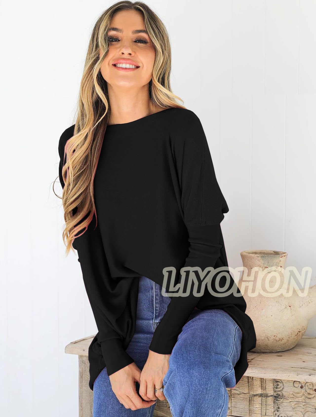 LIYOHON Women's Oversized Tunic T-Shirts - Long Sleeve Fall Sweater Tops for Leggings | Casual Loungewear, Work from Home Outfits & Autumn Layering Essentials