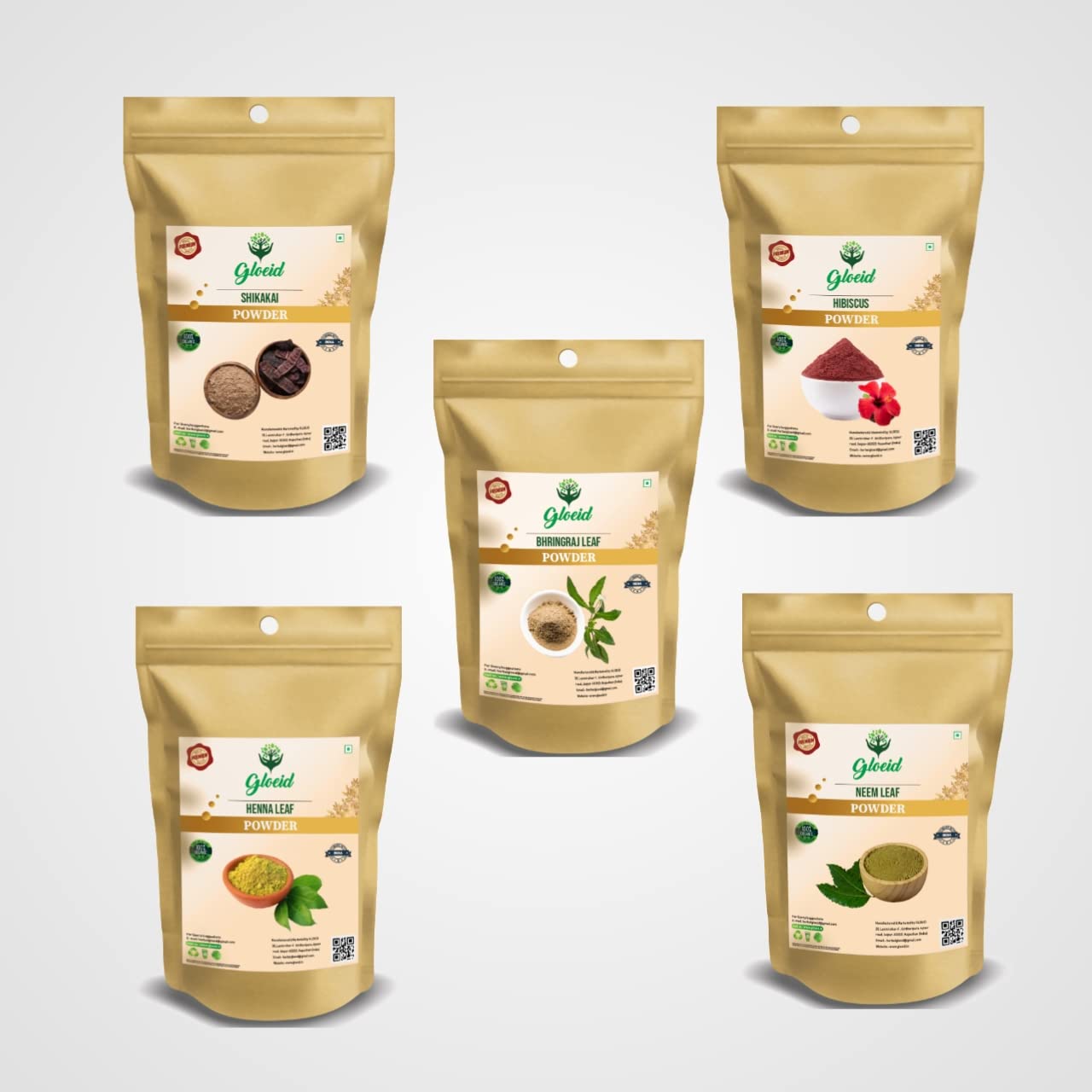 Organic Hair Care Powder Set - Hibiscus, Neem, Shikakai, Henna & Bhringraj (40g Each) for Natural Hair Growth & Scalp Treatment | DIY Ayurvedic Hair Masks & Herbal Remedies