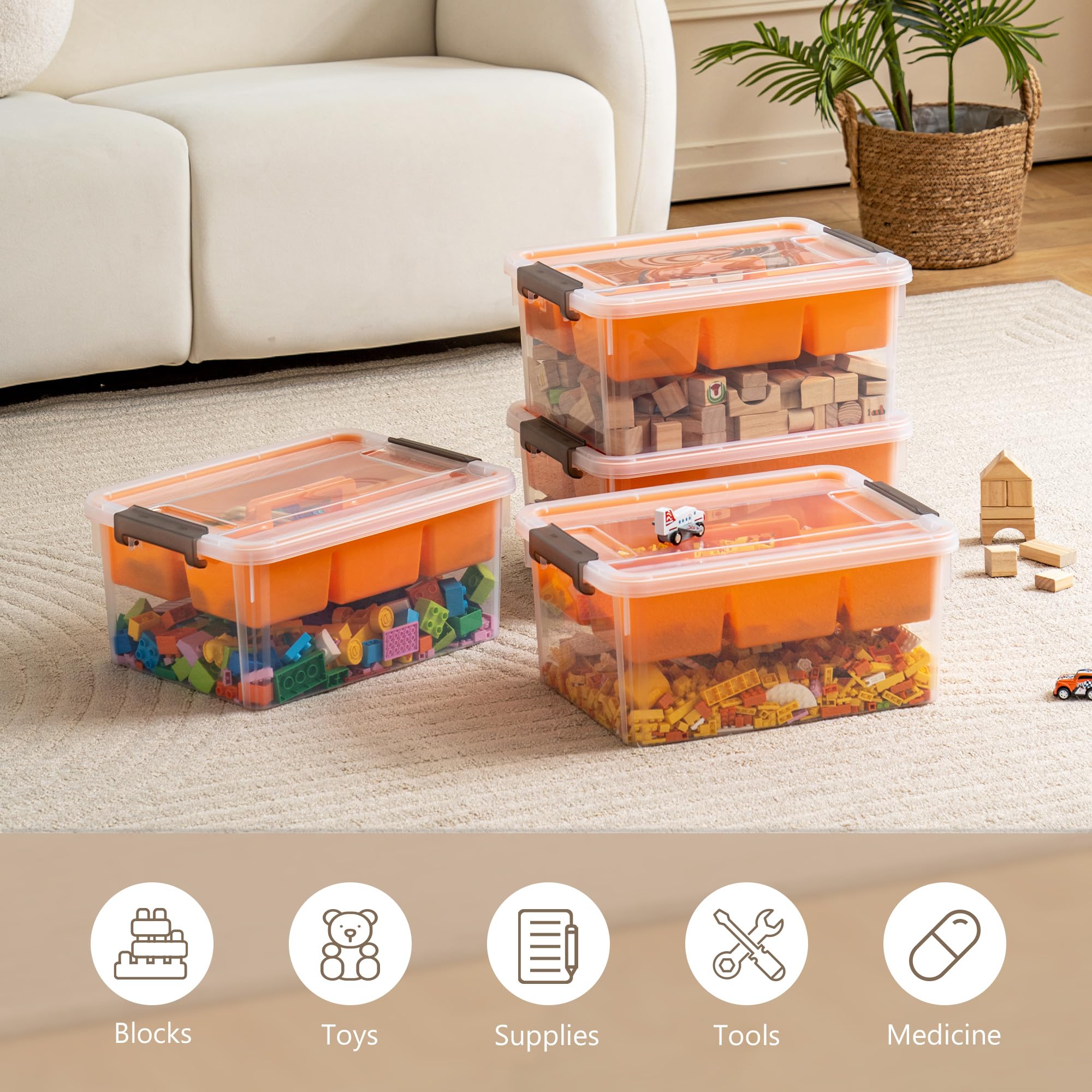 17 Qt Clear Plastic Storage Bins with Lids - 4 Pack Orange Organizing Containers for Crafts, Legos, Playdoh, Art Supplies, Beads & Toys | Perfect for Home, Office, Classroom & Playroom Organization
