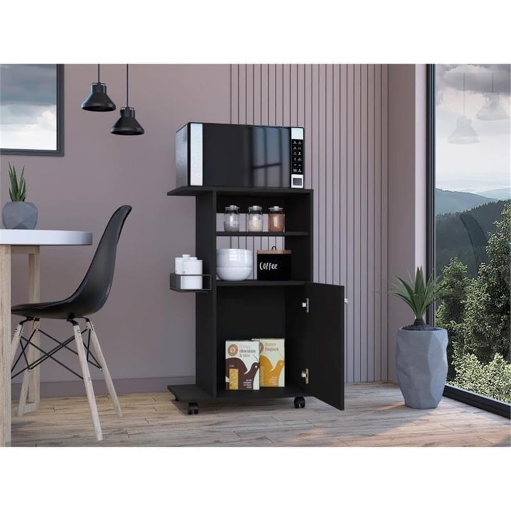 TUHOME Black Engineered Wood Kitchen Cart with Clip - Rolling Kitchen Island for Small Spaces, Storage & Prep Station for Home, Apartment, Dorm