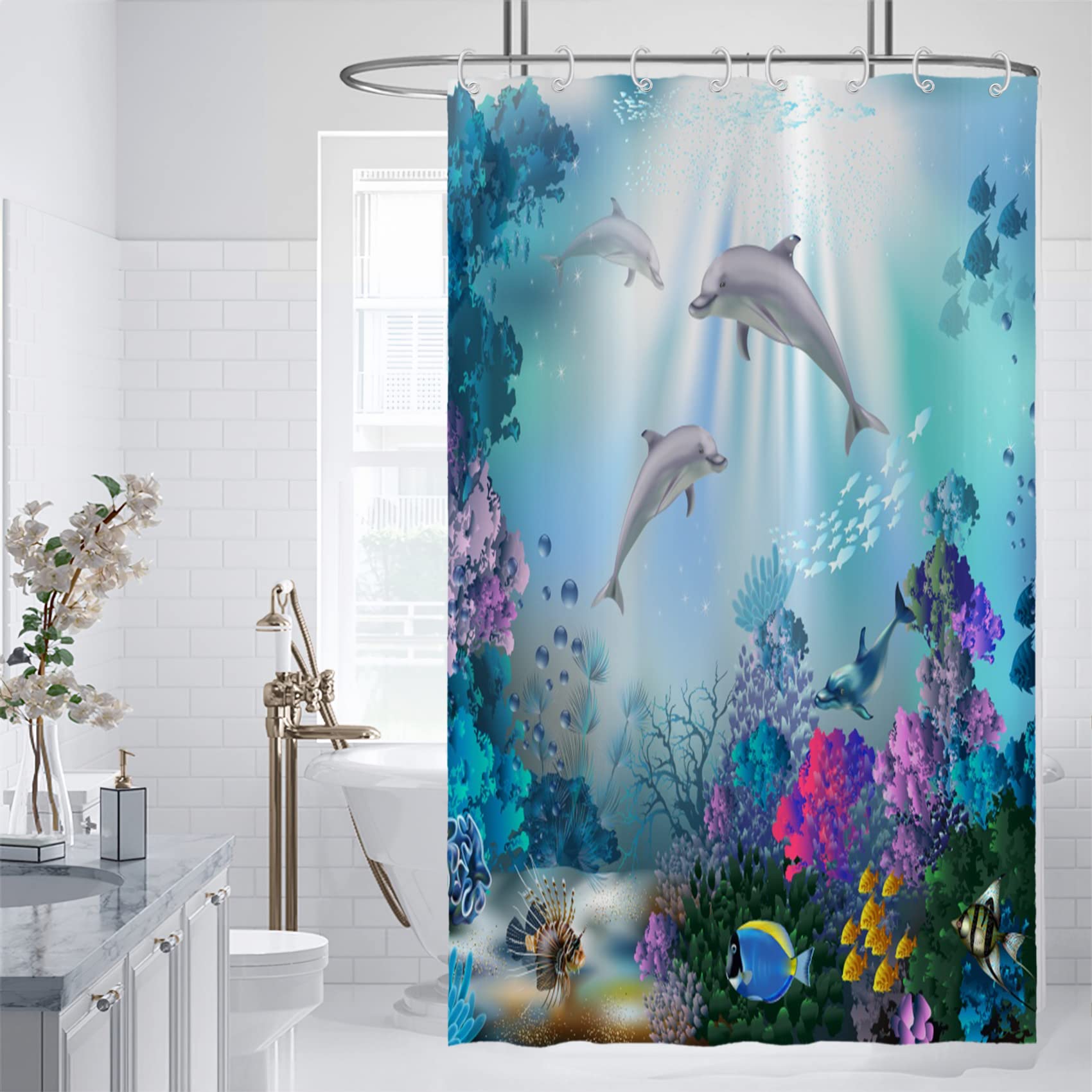 Yeele Dolphin Shower Curtain - Underwater Ocean Wildlife Theme Bathroom Decor, Waterproof Polyester Fabric with 12 Hooks (48x72 inches) - Perfect for Tropical, Beach, or Marine-Themed Bathrooms