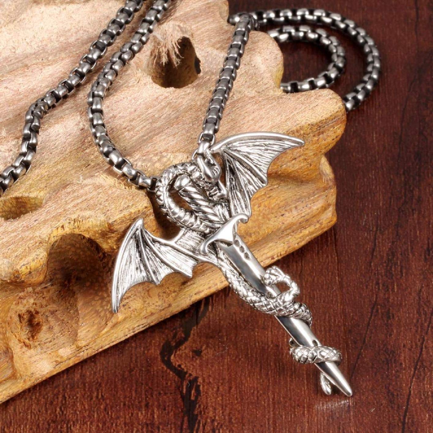 PikaLF Men's Dragon Necklace with Sword Pendant - Winged Dragon Jewelry with Chain for Fantasy Lovers - Perfect for Cosplay, Gifts & Gothic Fashion