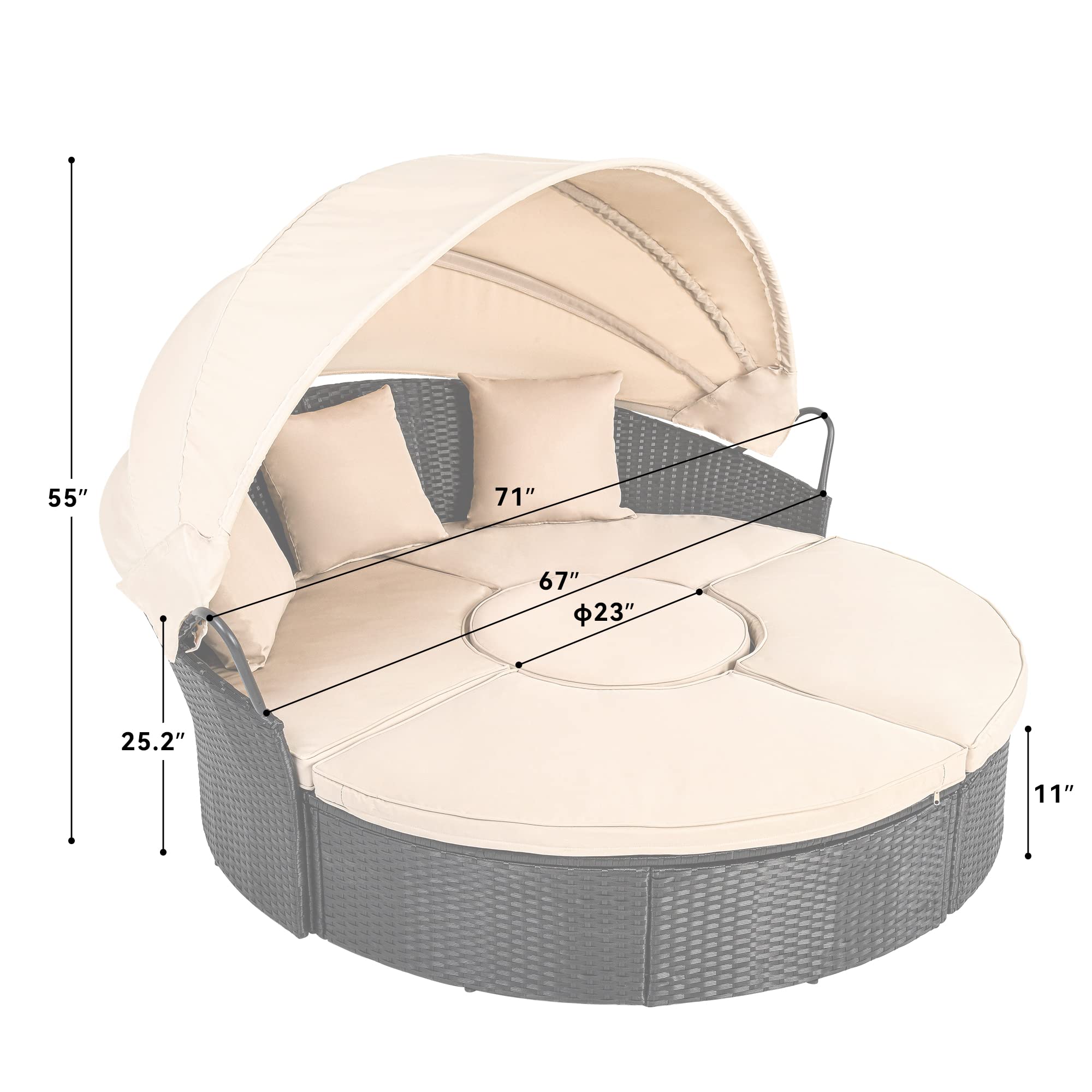 YITAHOME Outdoor Patio Round Daybed with Retractable Canopy, Soft Cushions & Storable Side Table - Light Brown & Beige - Perfect for Backyard, Porch, Poolside or Garden Relaxation