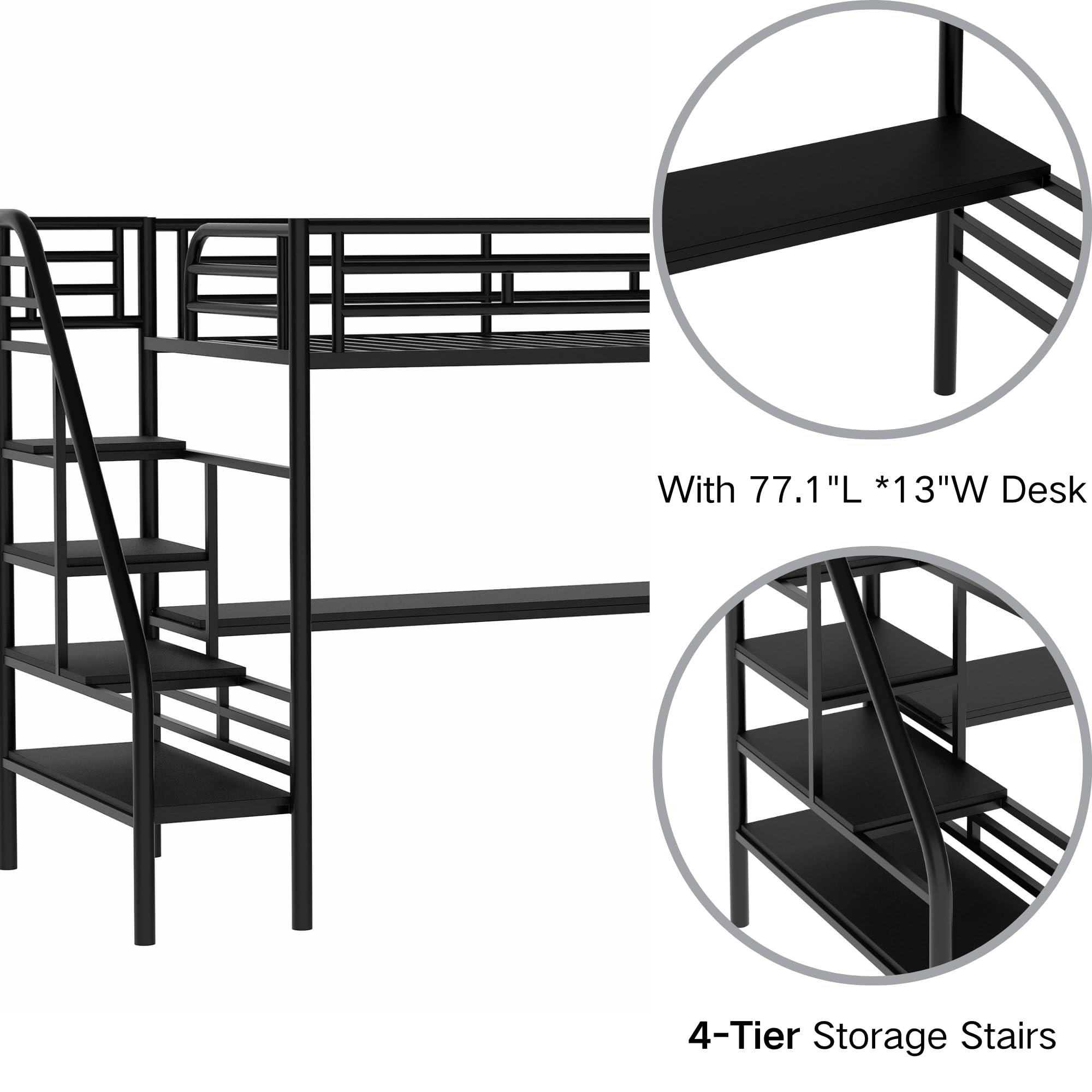 SOFTSEA Twin Size High Metal Loft Bed with Built-in Desk and Stairs - Space Saving Study Bed for Small Rooms, Dorm & Apartment - No Box Spring Needed - Sturdy Steel Frame for Teens & Adults