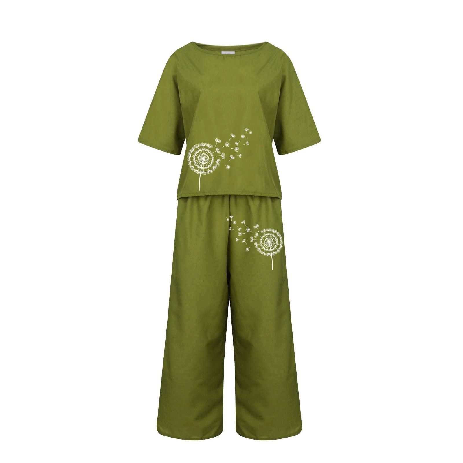 Women's 2-Piece Linen Set - Breathable Cotton Short Sleeve Printed Blouse & Loose Cropped Pants Outfit | Perfect for Summer, Beach Vacations & Casual Wear