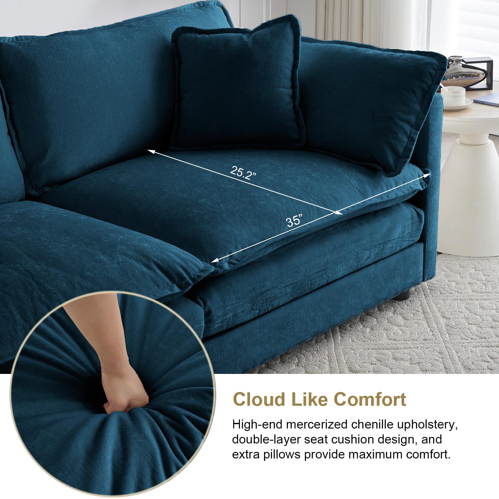 KIVENJAJA Chenille U-Shaped Modular Sectional Sofa - Modern 3-Seater Deep Seat Cloud Couch with 2 Ottomans/Chaises & 5 Throw Pillows - 111.5