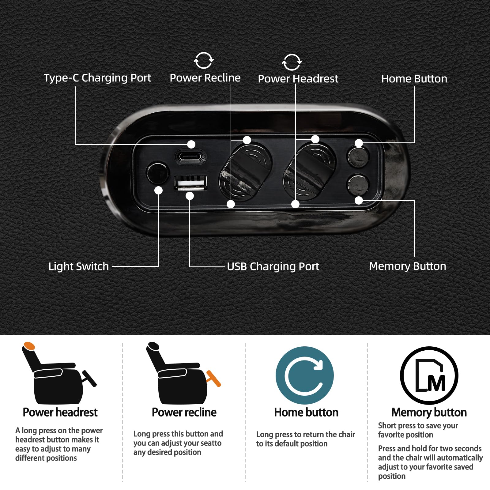 Premium Home Theater Seating Set - 5 Top Grain Nappa Leather Power Recliners with Dual Electric Headrest, Tray Table & USB Charger for Ultimate Movie & Gaming Experience - Luxury Cinema Sofa for Family Entertainment Rooms (Black)