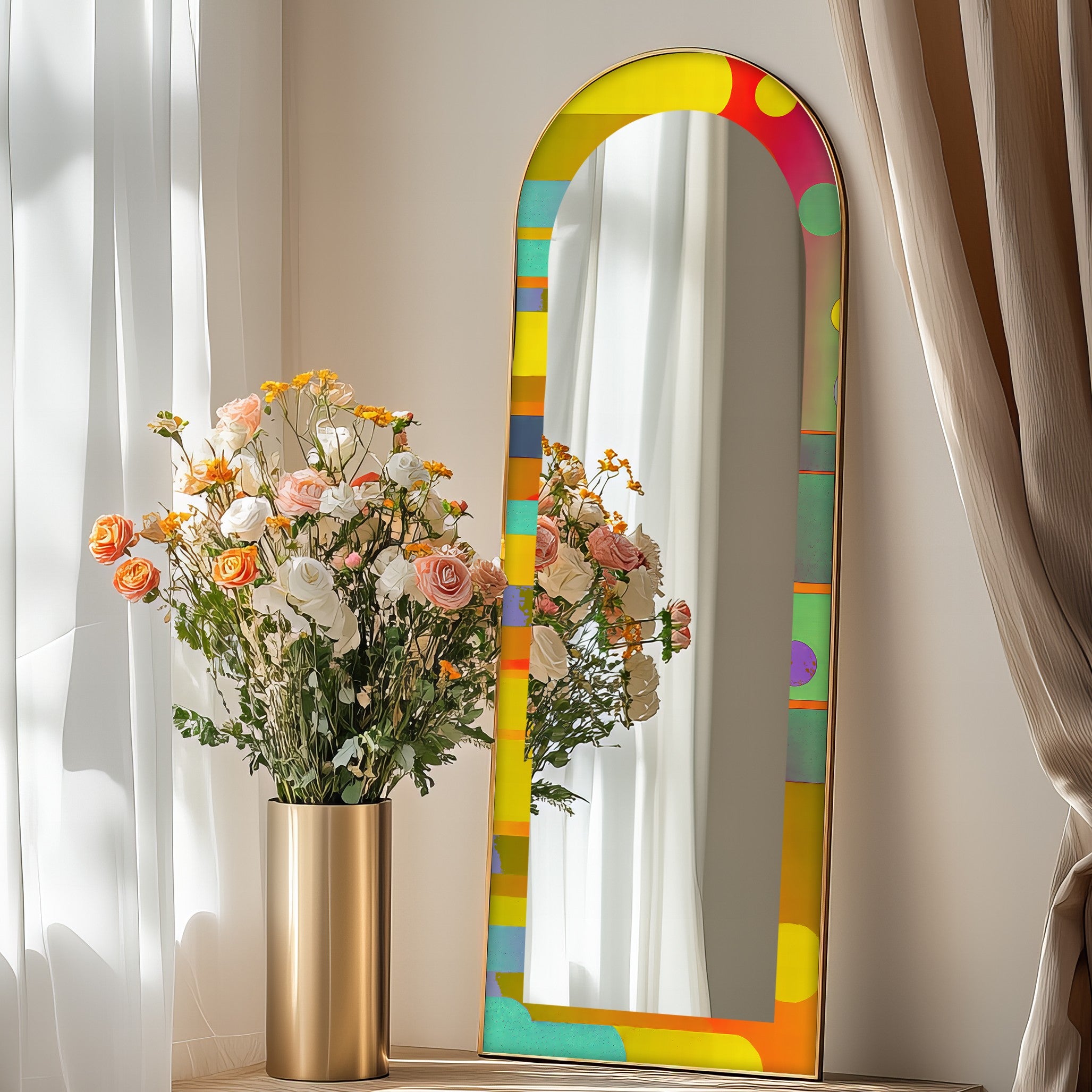 Abstract Circle and Stripe Full Length Floor Mirror - Modern Decorative Wall Mirror for Bedroom, Living Room & Entryway