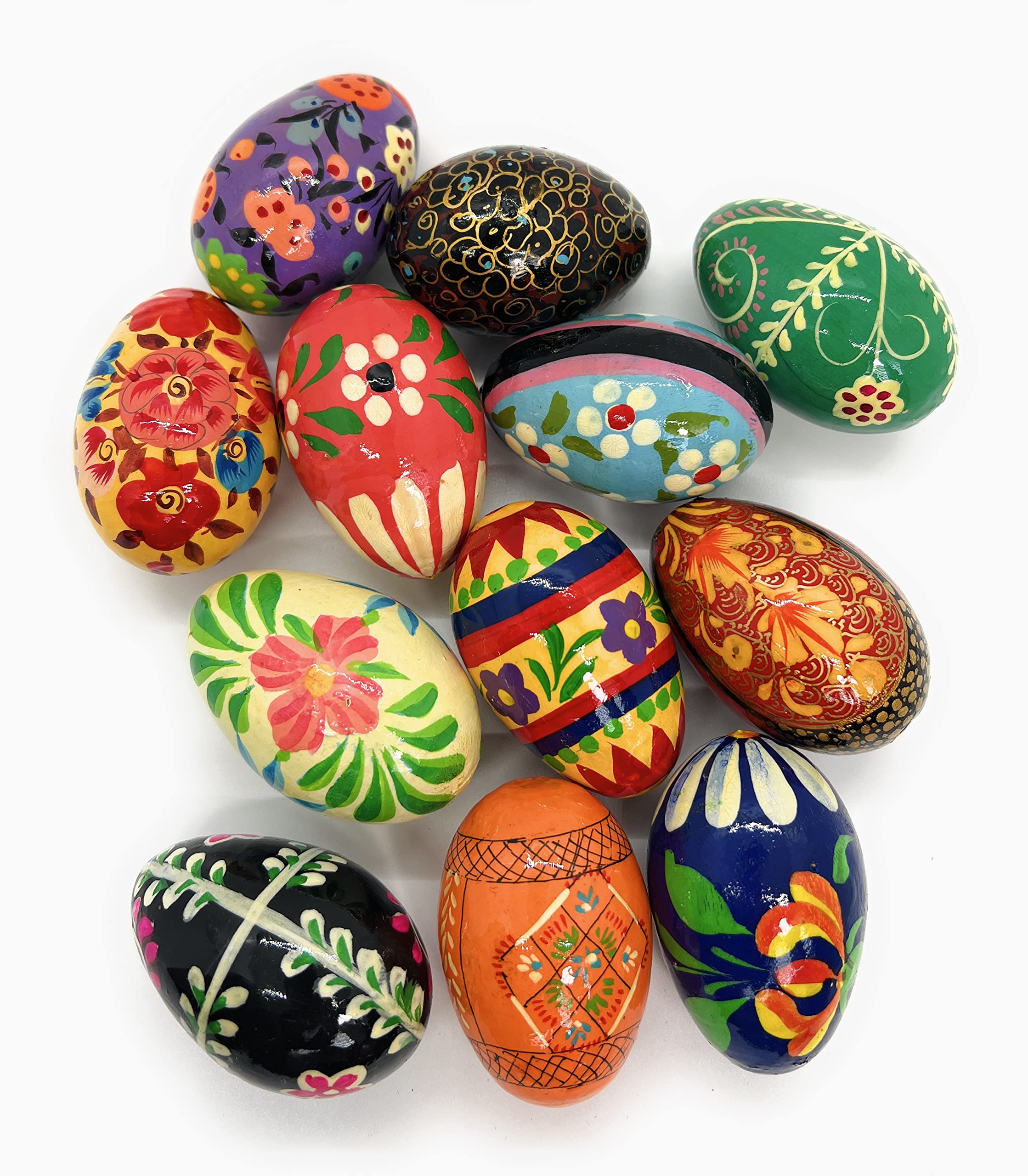 Hand Painted Wooden Easter Eggs - Set of 12 Floral Decorated 2.5 Inch Pisanki Style Eggs - Eco Friendly Lightweight Wood Eggs for Easter Basket, Home Decor, Spring Centerpiece and Holiday Gift Giving