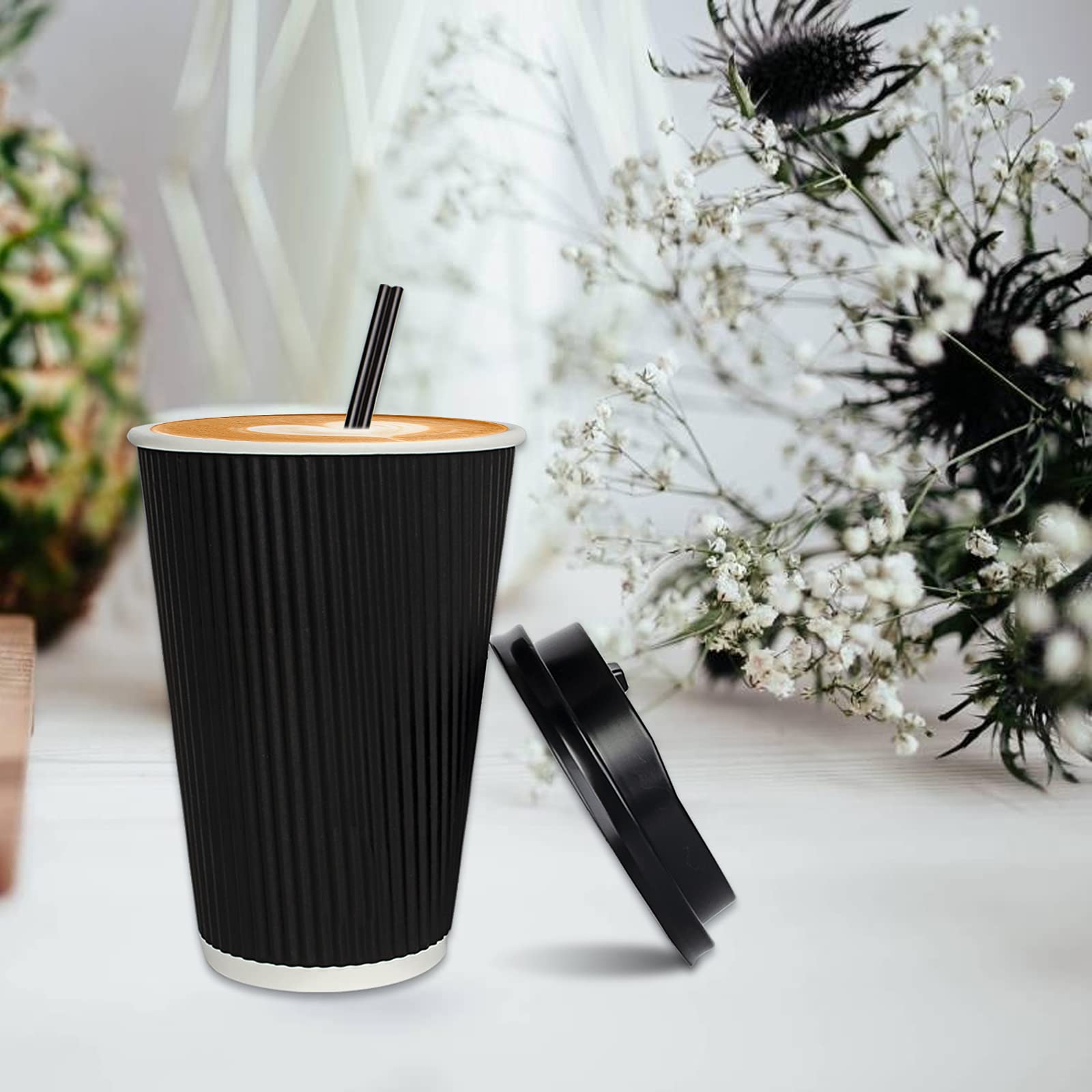 12 oz Disposable Black Coffee Cups with Lids - 3-Layer Insulated Hot & Cold Drink Cups for Coffee, Tea, Chocolate, Cocoa - Perfect for Office, Cafes, Parties & Takeout [50 Pack]