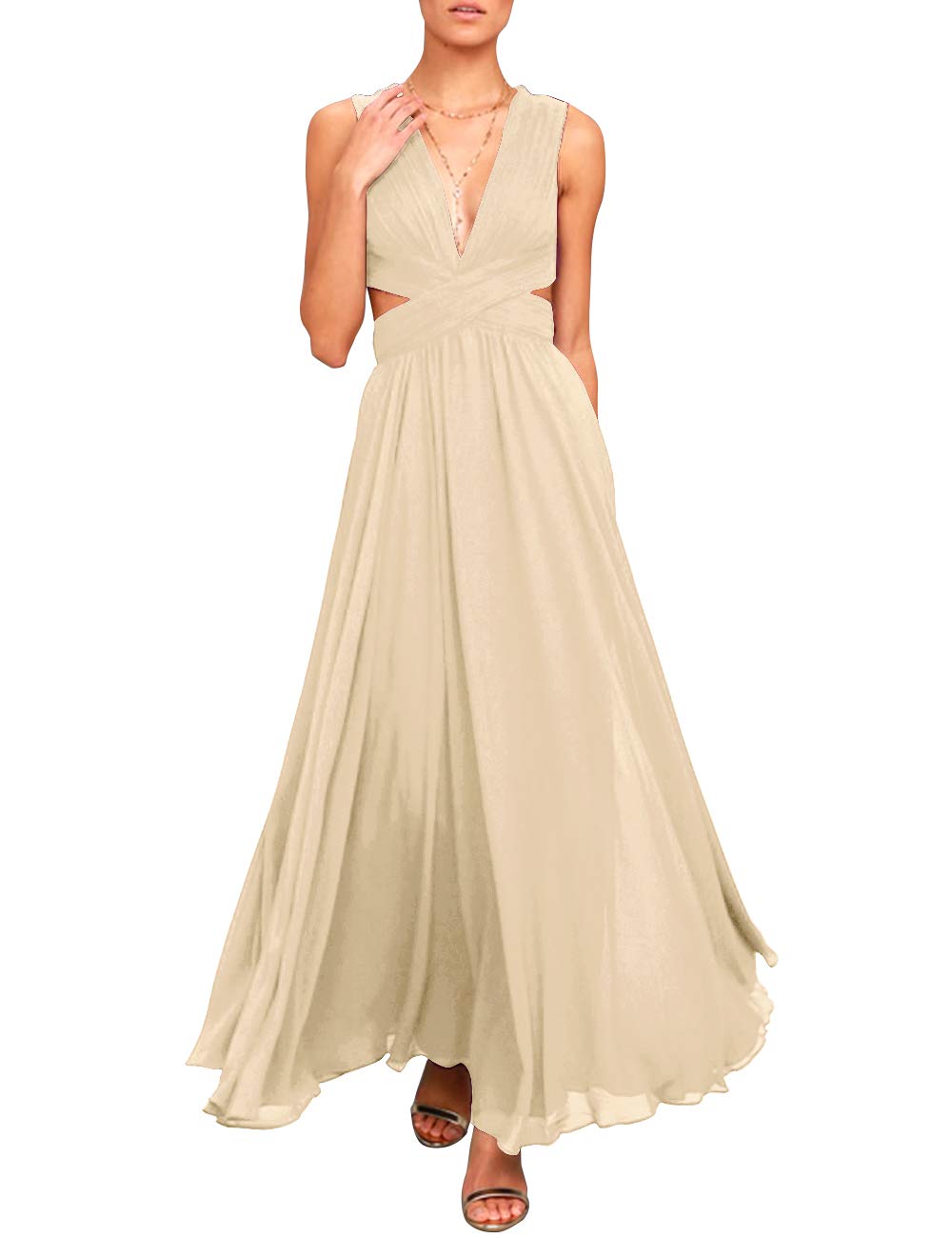 JAEDEN Elegant Long Chiffon Prom Dress with Open Back - Champagne Evening Gown for Homecoming, Formal Parties & Special Occasions