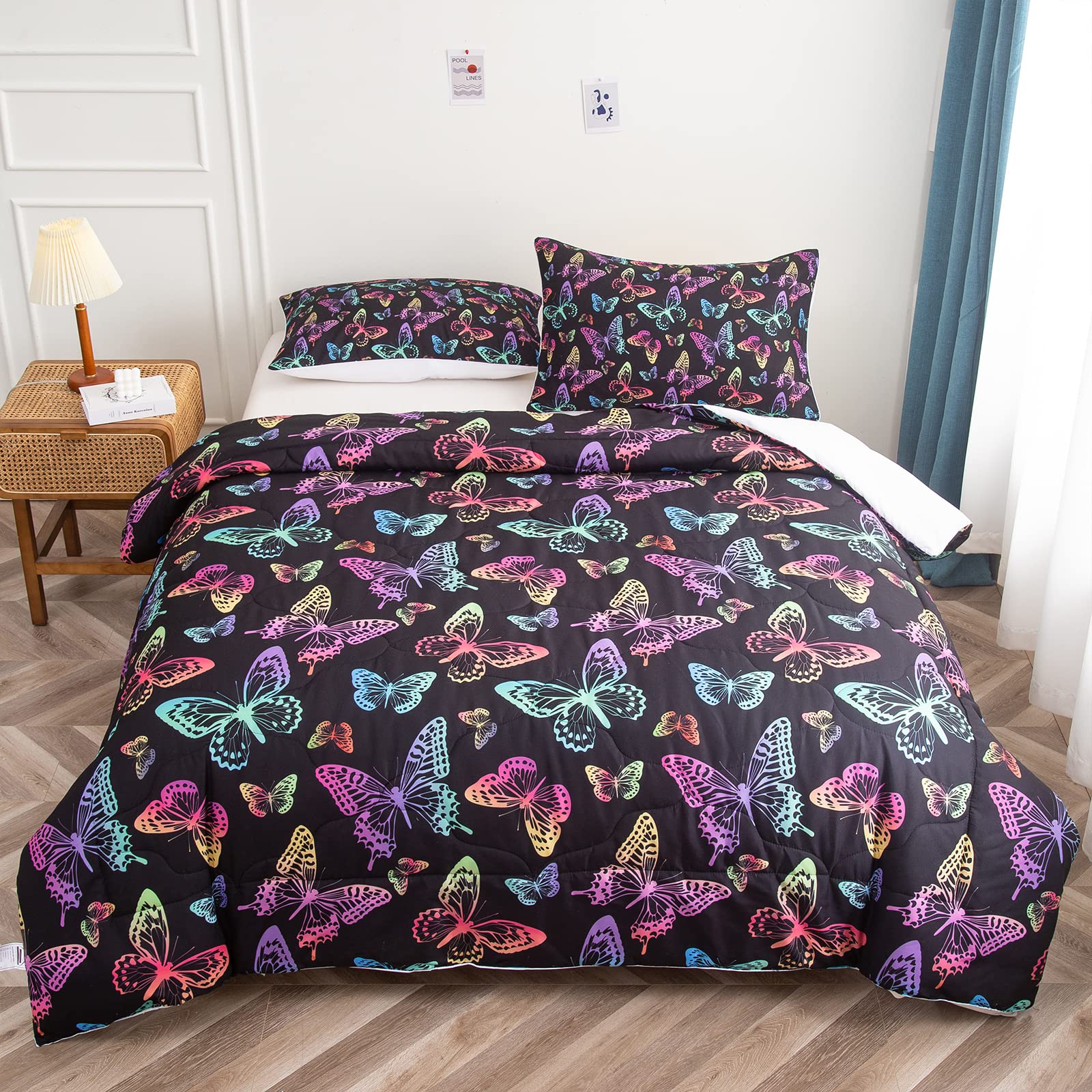 SOULZZZ Full Size Butterfly Comforter Set - 3 Piece Soft Bedding Set with Colorful Butterfly Design for Women & Adults (Black) | Perfect for Bedroom Decor, Guest Rooms & Cozy Sleep