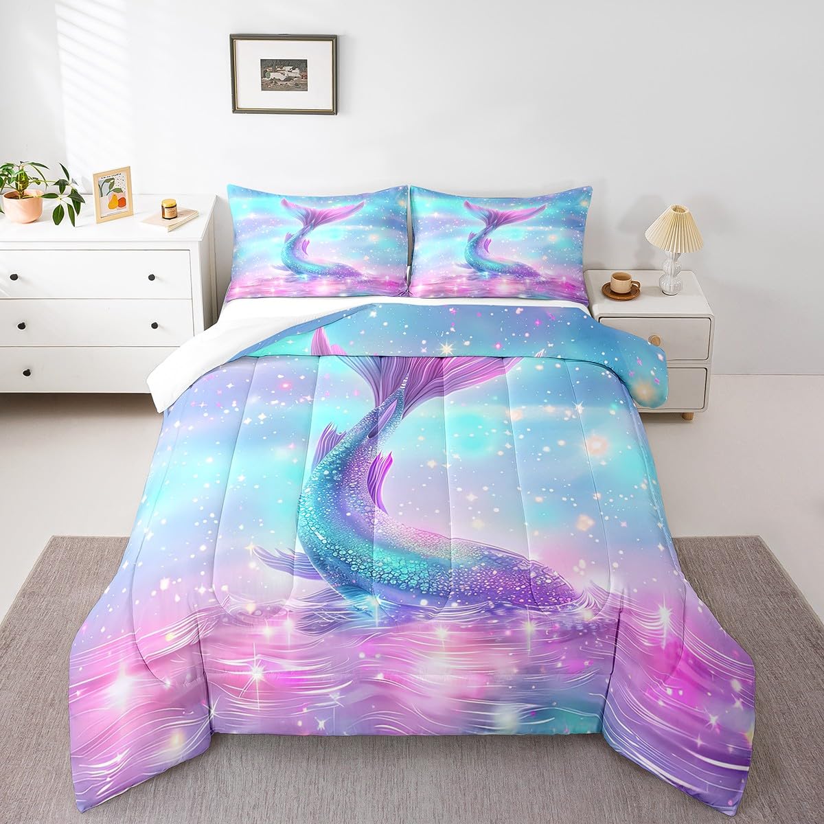Erosebridal Mermaid Tail Duvet Cover Set - Twin Size Pastel Pink & Teal Ocean Theme Comforter with Glittery Starfish & Seashells for Girls Bedroom Decor | Kids Nautical Sea Animal Bedding | Perfect for Mermaid Themed Rooms, Birthday Gifts & Fantasy Sleepovers