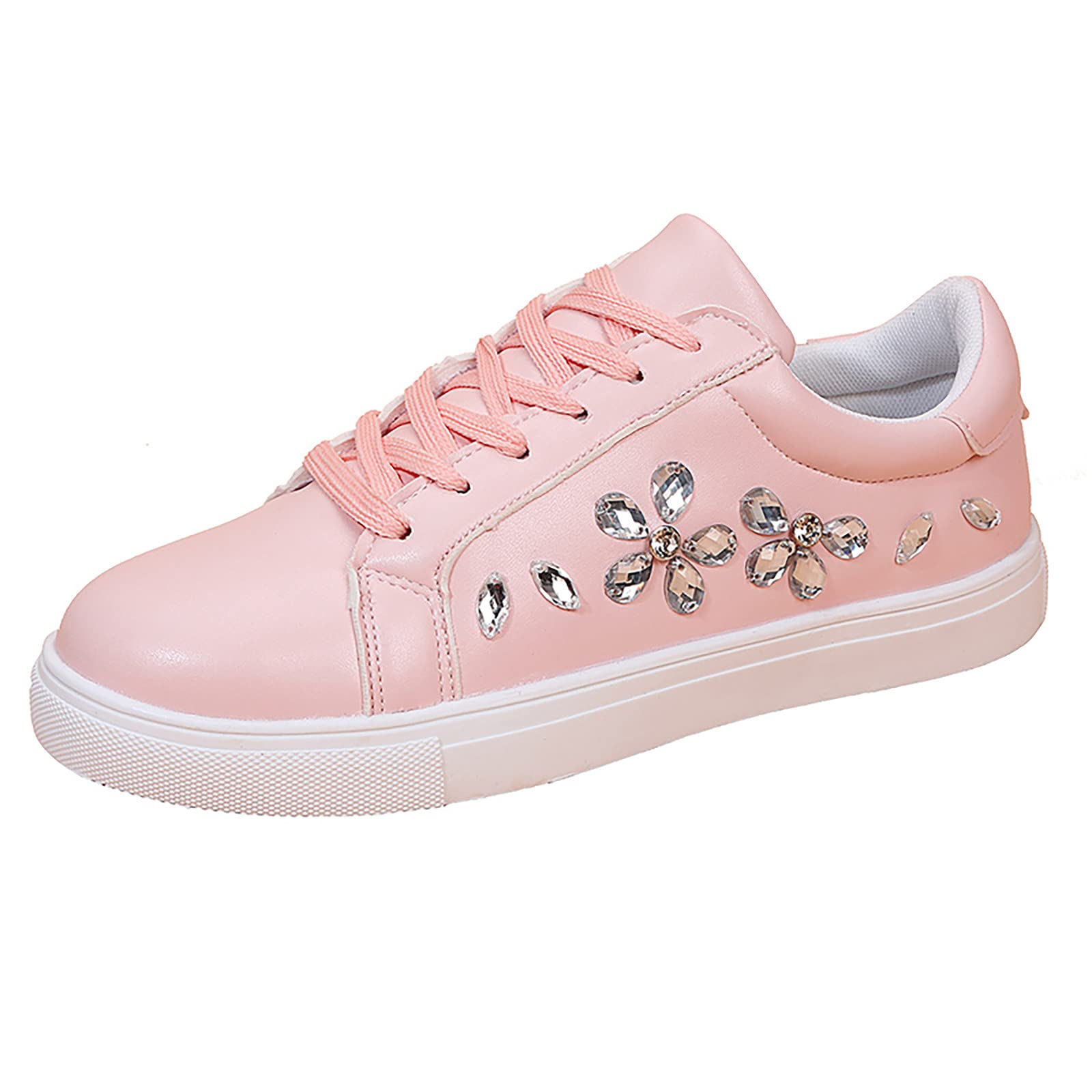 MLAGJSS Women's Fashion Lace-up Low Top Sneakers - Rhinestone Embellished White Casual Shoes for Walking, Running & Everyday Wear