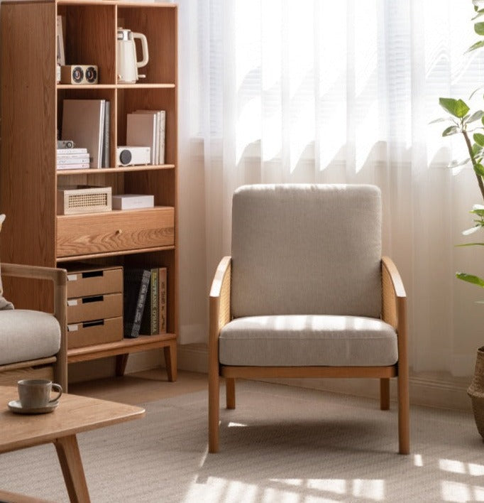 Solid Oak Wood Armchair with Milky Skin Tone Finish and Rattan Accents - Perfect for Living Room, Bedroom, or Office Decor