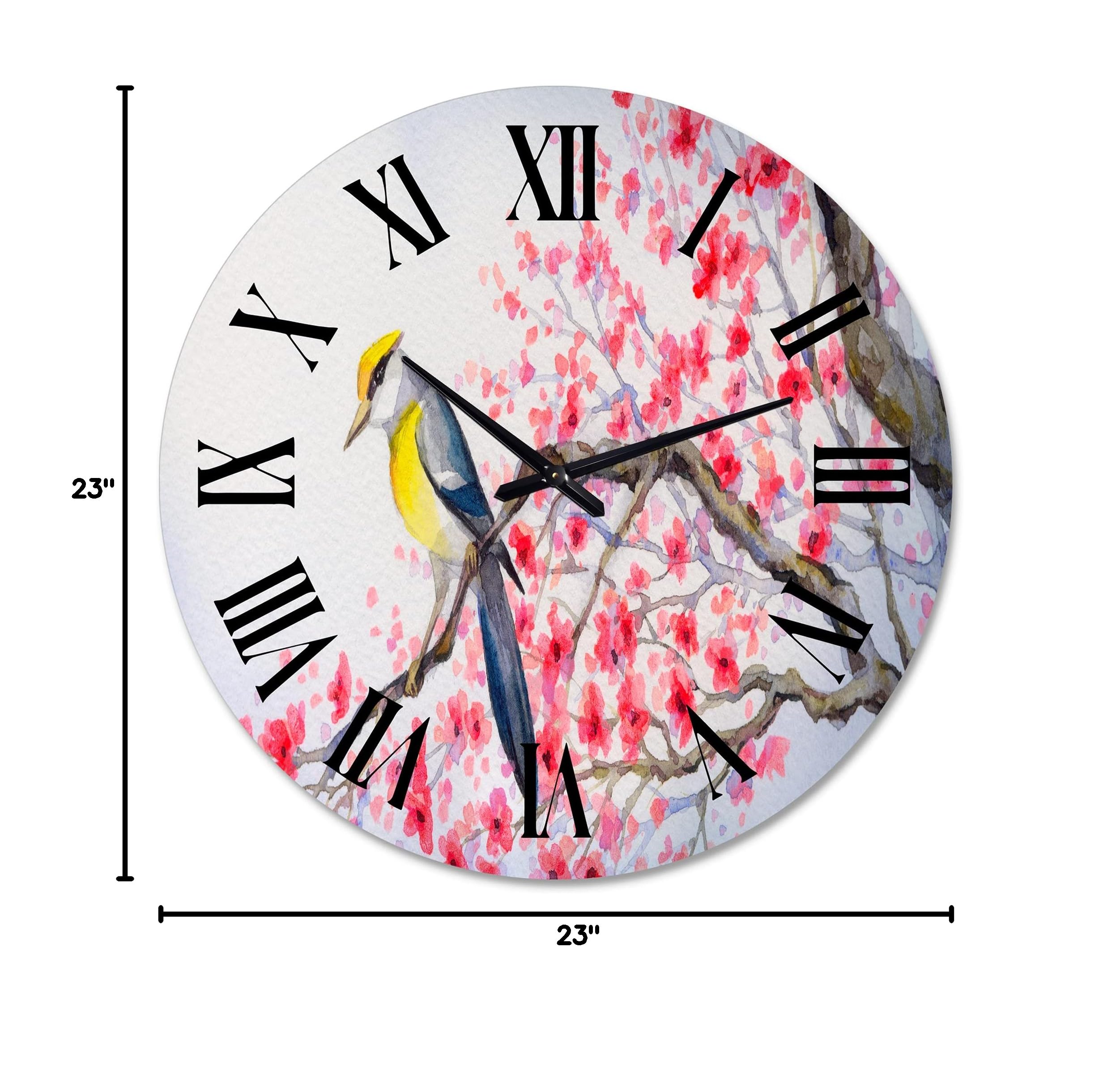 DesignQ Traditional Large Wall Clock - Beautiful Red Bird on Flowering Branch II - Animal-Themed Home Decor for Living Room, Bedroom & Office - Perfect for Farmhouse, Vintage & Rustic Interior Design