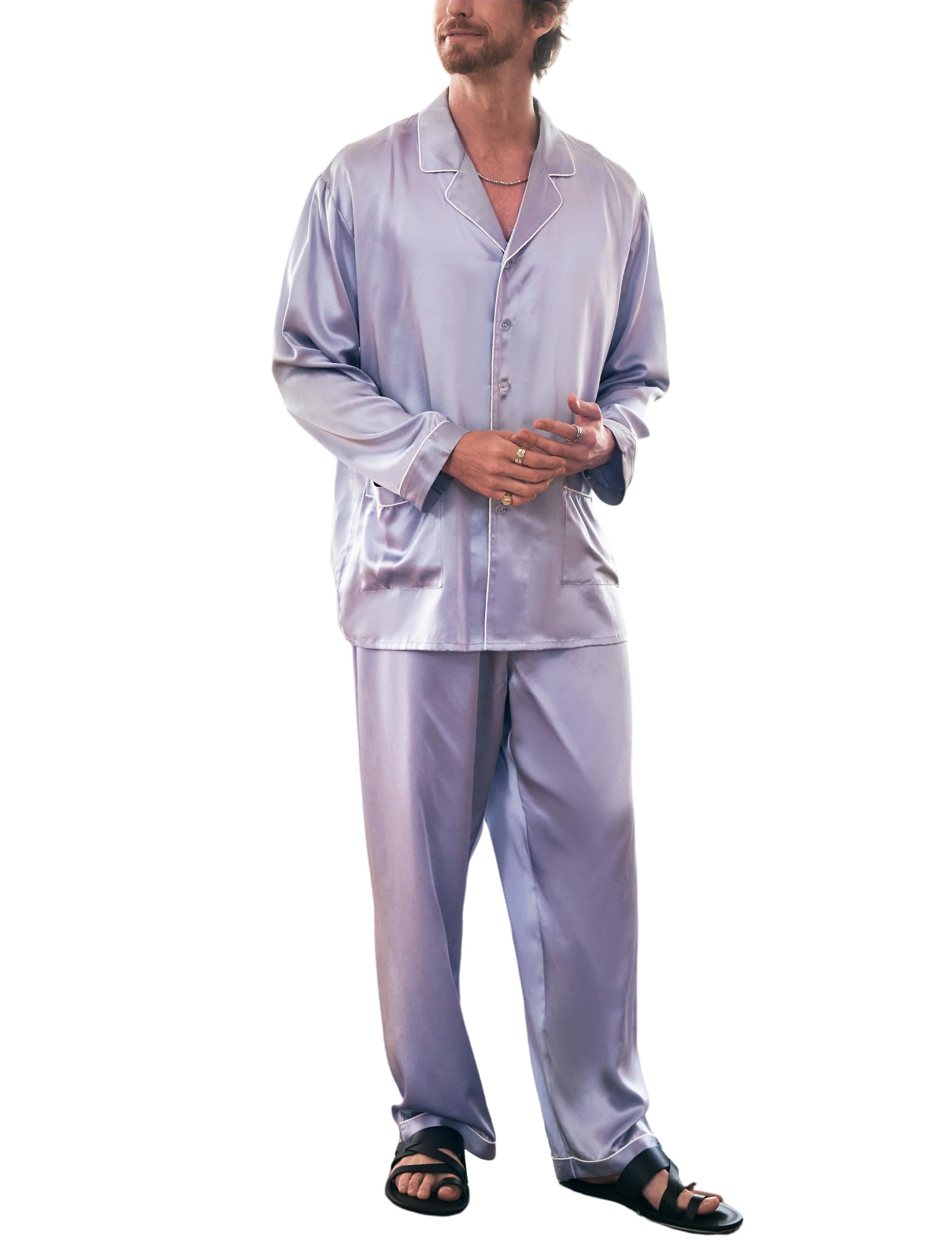 Luxury Men's Silk Pajamas Set - 2PC Long Sleeve Button-Down Sleepwear for Men | Soft & Breathable Silk PJs for Lounge, Sleep & Relaxation at Home