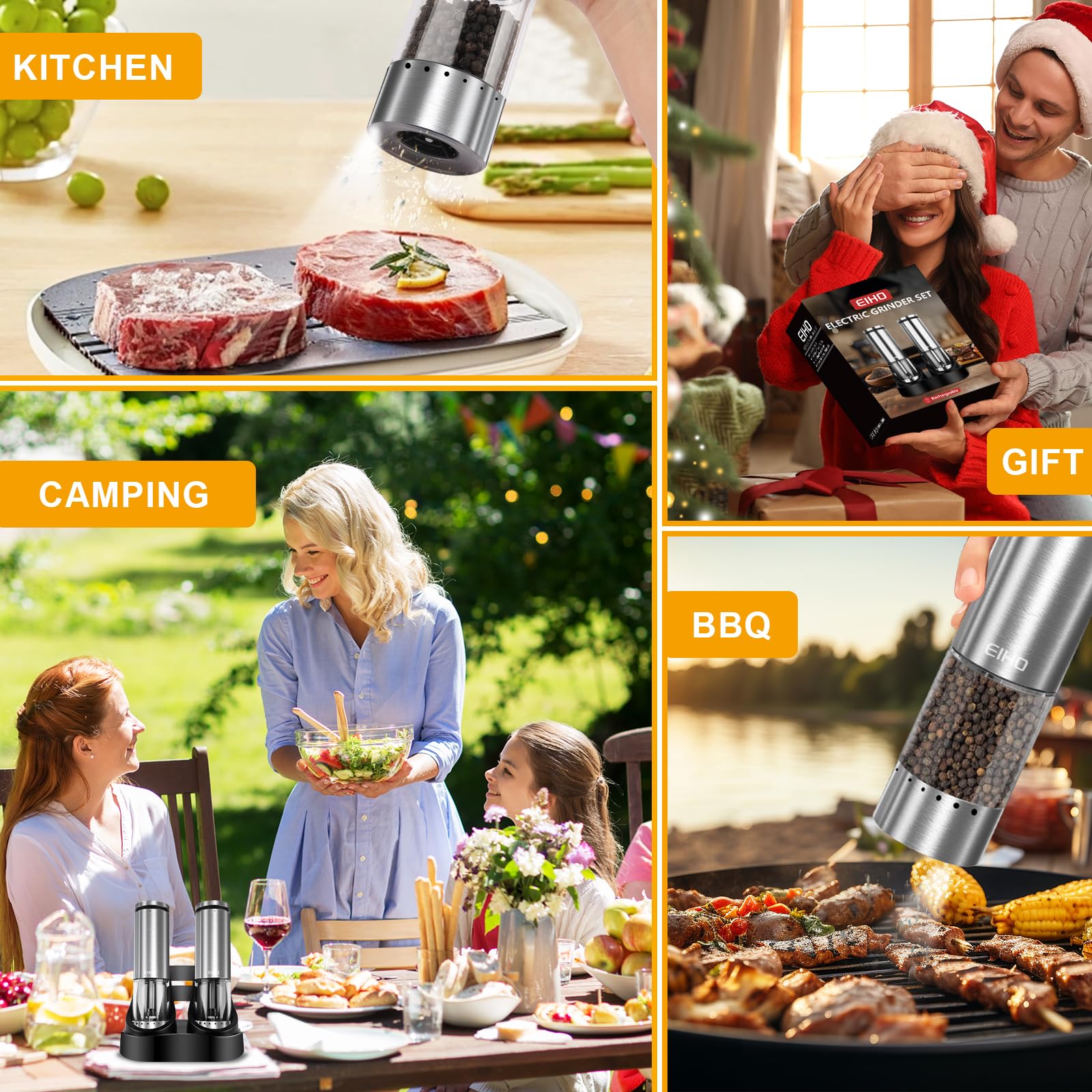 Premium Electric Salt and Pepper Grinder Set - USB Rechargeable, Adjustable Coarseness, Stainless Steel Automatic Mill with LED Light - Perfect for Kitchen, Dining & Housewarming Gifts