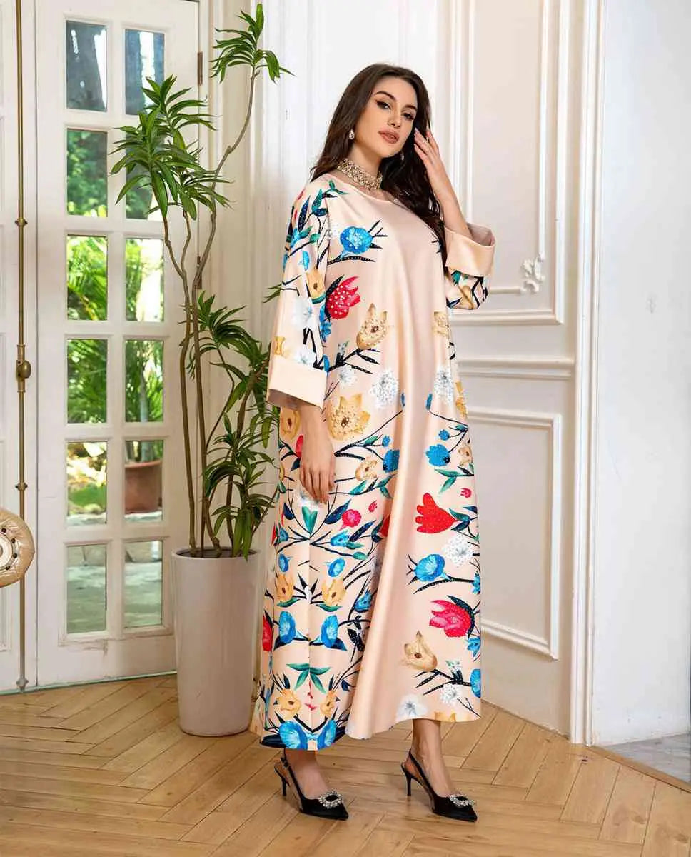 Elegant Eid Dress for Women - Arab Printed Kaftan Caftan Abaya Dress with Long Sleeves - Perfect for Eid Celebrations, Weddings & Special Occasions