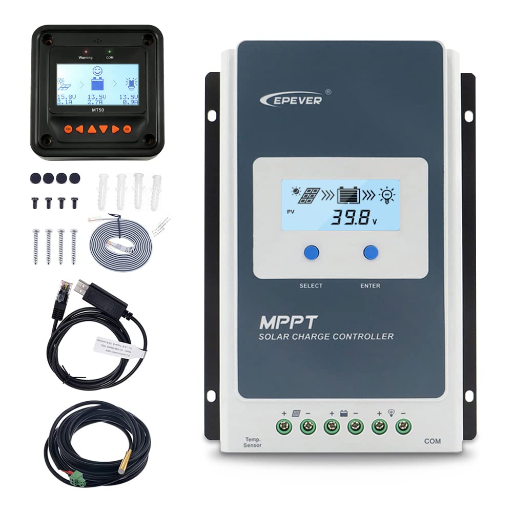 EPEVER 10A MPPT Solar Charge Controller 12V/24V Auto, 100V Max PV Input, Negative Ground, with MT50 Remote Meter, RTS Temperature Sensor & RS485 PC Cable – Ideal for Off-Grid Solar Systems, RVs, Boats, and Home Solar Panel Kits