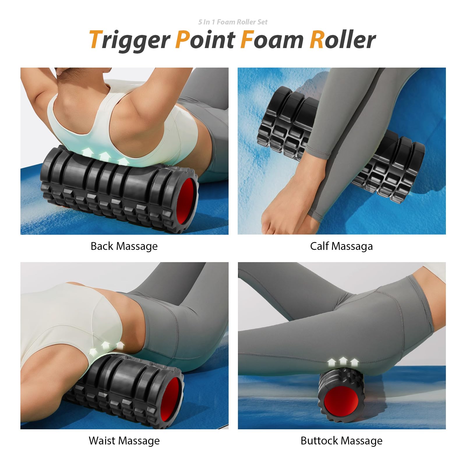5-in-1 Foam Roller Set for Deep Tissue Massage - Trigger Point Foam Roller, Massage Roller Stick, Massage Ball & Resistance Band - Perfect for Yoga, Pilates, Fitness & Full Body Workout (Black-Red) - Home Gym & Physical Therapy Essential