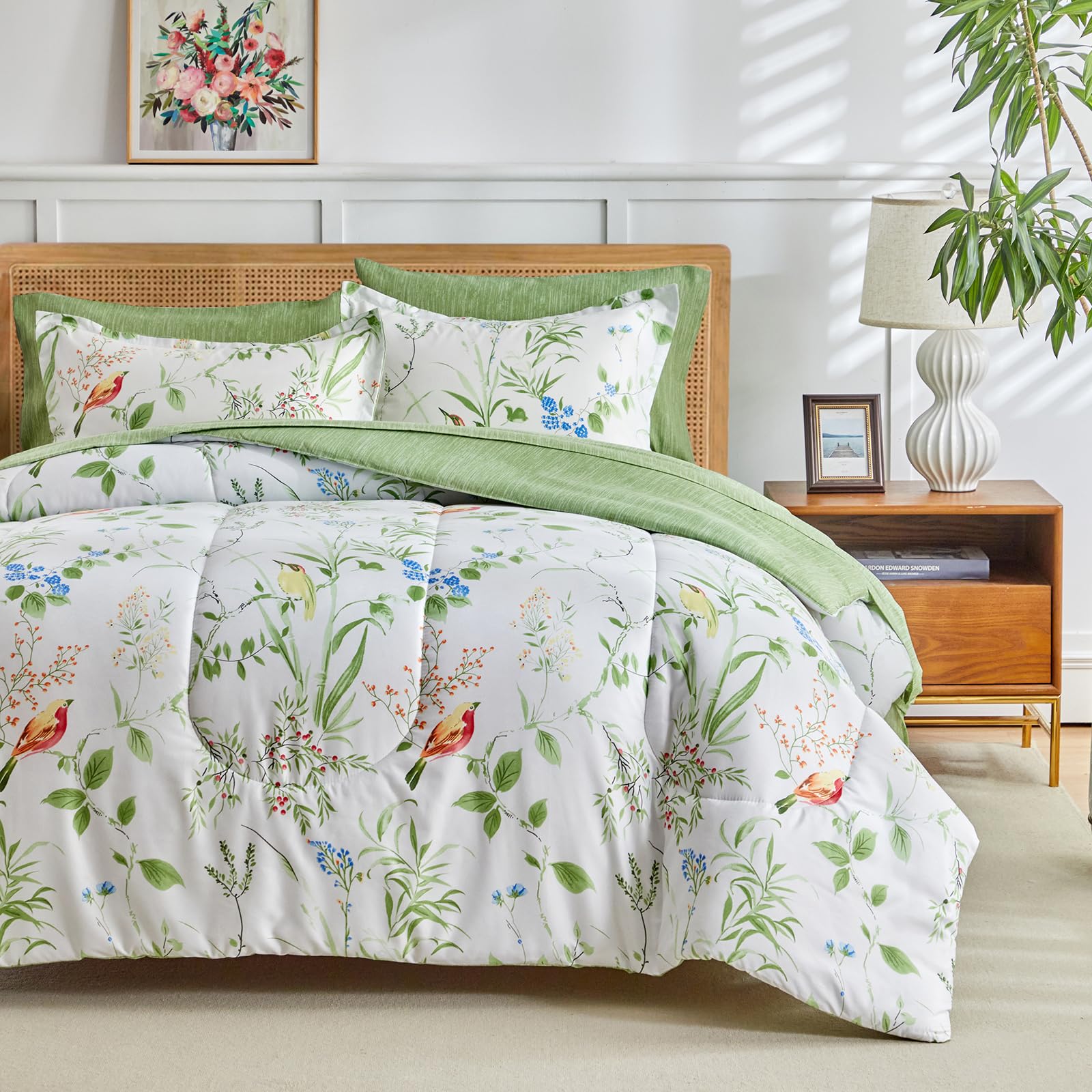 Joyreap 6-Piece Twin Bed in a Bag Set - Floral Comforter & Sheet Set with Green Leaves & Colorful Birds on White Design | All-Season Microfiber Bedding for Kids, Teens & Guest Rooms | Soft, Breathable & Easy Care