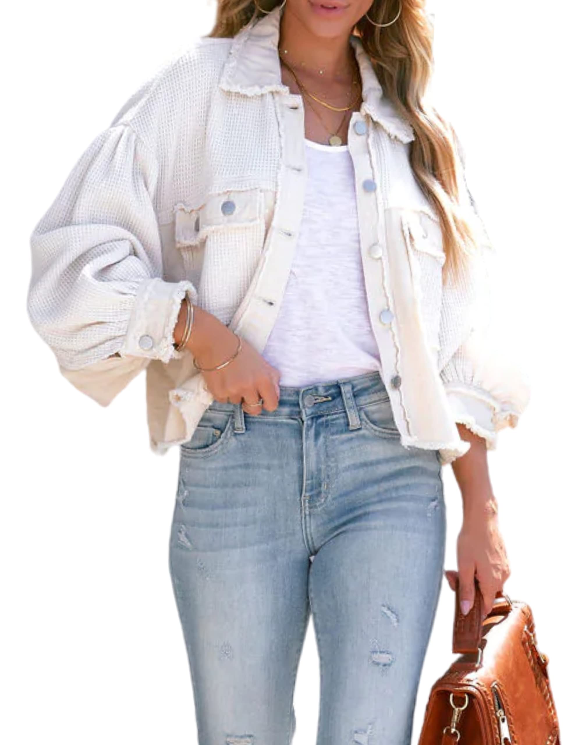 Women's Frayed Hem Waffle Knit Denim Jacket - Cropped Boyfriend Style Button Down Shirt Jacket with Spliced Design | Casual Outfits, Streetwear & Layering Essential