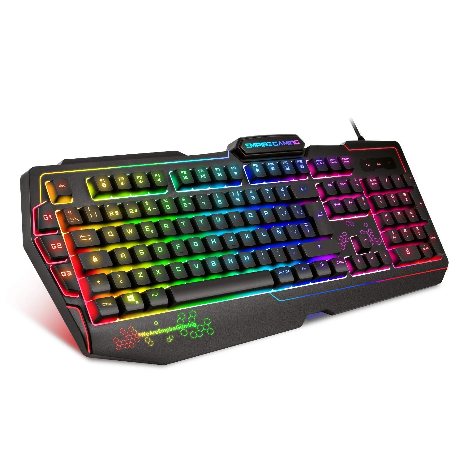 Empire Gaming K900 RGB LED Backlit Semi-Mechanical Gaming Keyboard - 105 QWERTY Keys (Spanish ES Layout), 9 Lighting Modes (8 Preset + 1 Customizable), 19-Key Anti-Ghosting - Perfect for PC Gaming, Streaming & Office Work