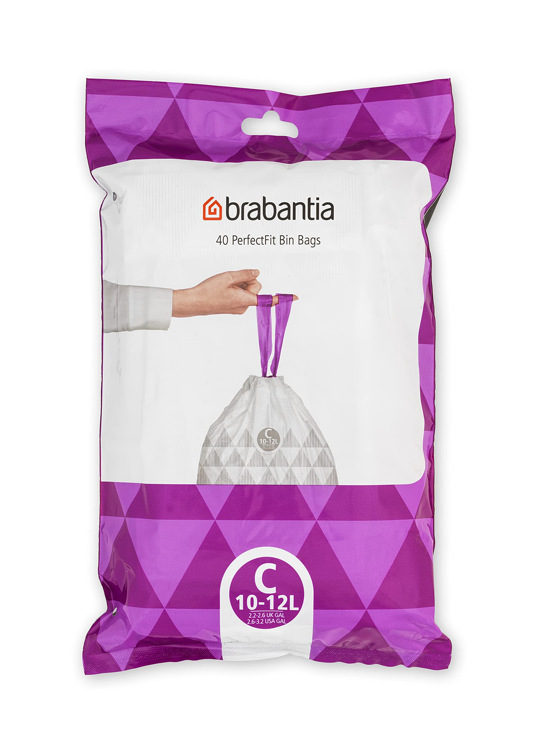 Brabantia PerfectFit Trash Bags Size C (2.6-3.2 Gallon) - Thick Plastic Trash Can Liners with Drawstring Handles - 40 Count - Ideal for Kitchen, Bathroom & Office Waste Bins