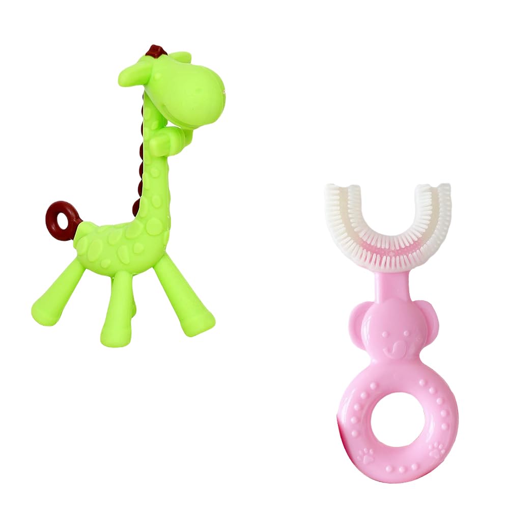 Kritiu Giraffe Shape Teether & U Shape Toothbrush Combo - BPA-Free Silicone Baby Teething Toy & Toothbrush Set for 0-12 Months | Safe Infant Oral Care | Perfect for Soothing Sore Gums & Early Dental Hygiene (Green & Pink) - Great for Home, Travel & Daycare Use