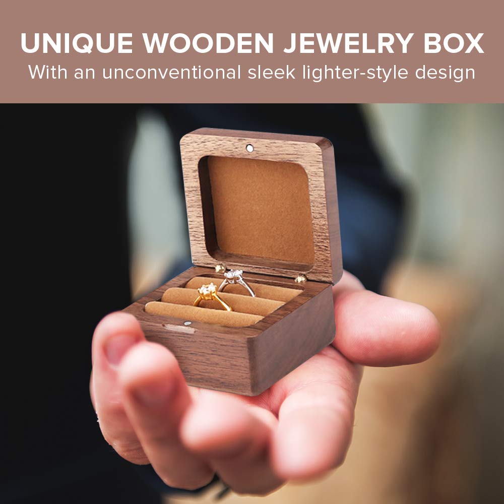 Elegant Wooden Double Ring Box - Slim Walnut Jewelry Storage for Engagement Rings, Wedding Bands & Promise Rings - Magnetic Closure Proposal Ring Box - Rustic Keepsake Box for Couples (2 Pack) - Perfect for Proposals, Anniversaries & Romantic Gift Giving