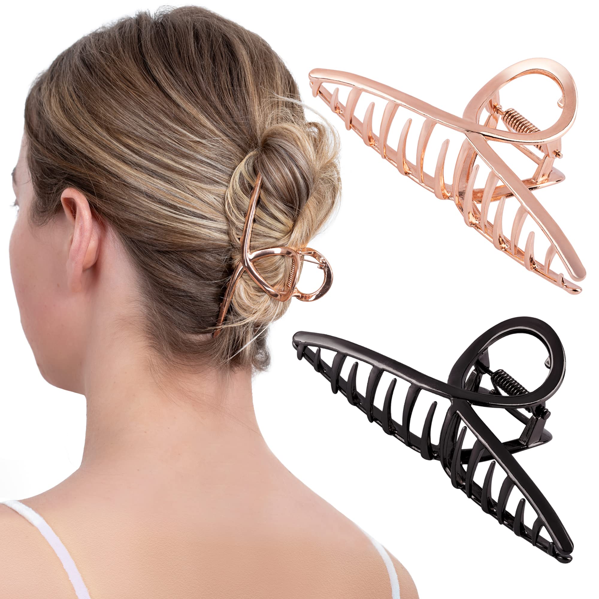 HOYDEPUNKT Large Banana Hair Clips - Strong Hold Metal Hair Claw Clips for Women & Girls (2Pcs, Rose Gold & Pewter) - Perfect for Updos, Ponytails & Everyday Hairstyles