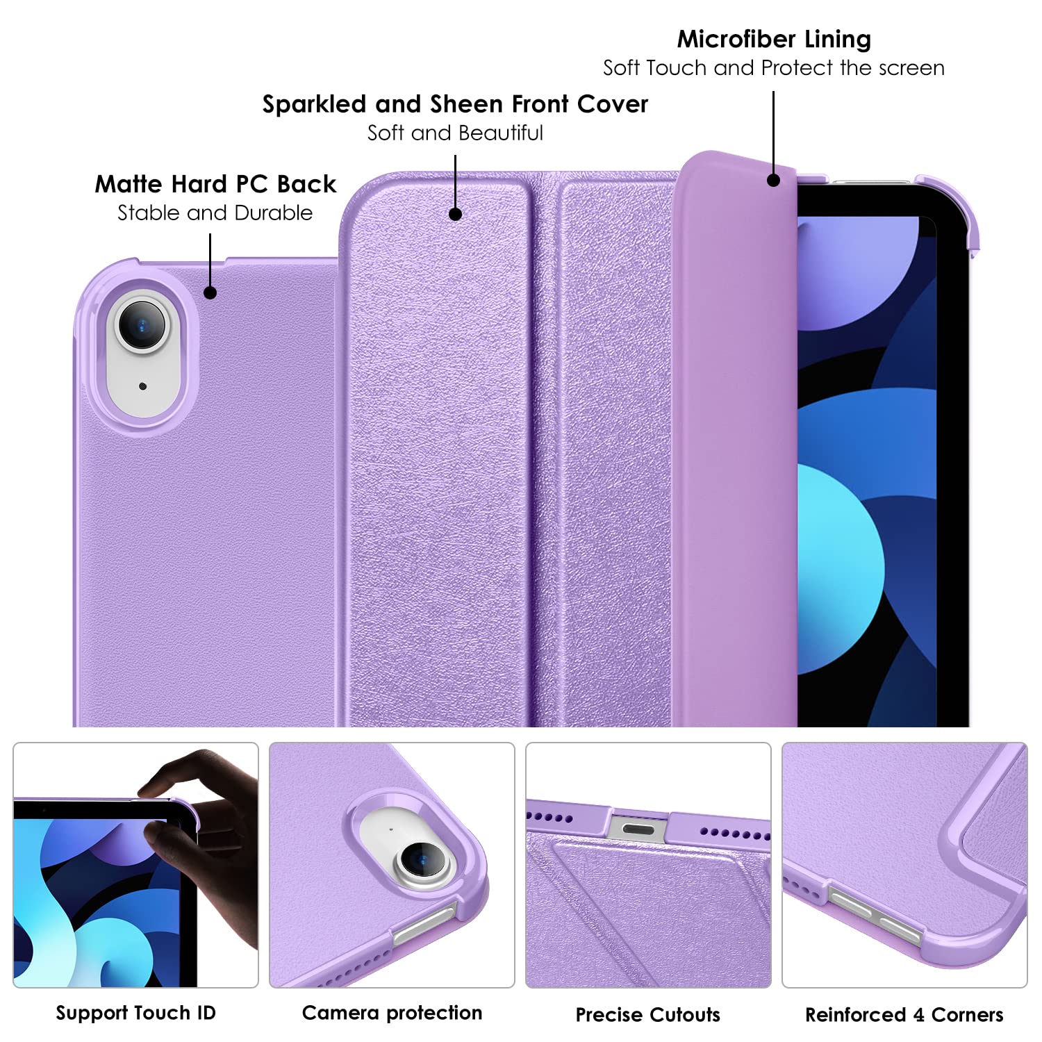 DTTO iPad Air Case for 11-inch M2 & 10.9-inch 5th/4th Gen - Sparkling Hard Back with Sheen Front Cover (2024/2022/2020 Models) - Supports 2nd Gen Apple Pencil Charging - Purple - Perfect for Work, School & Travel Protection