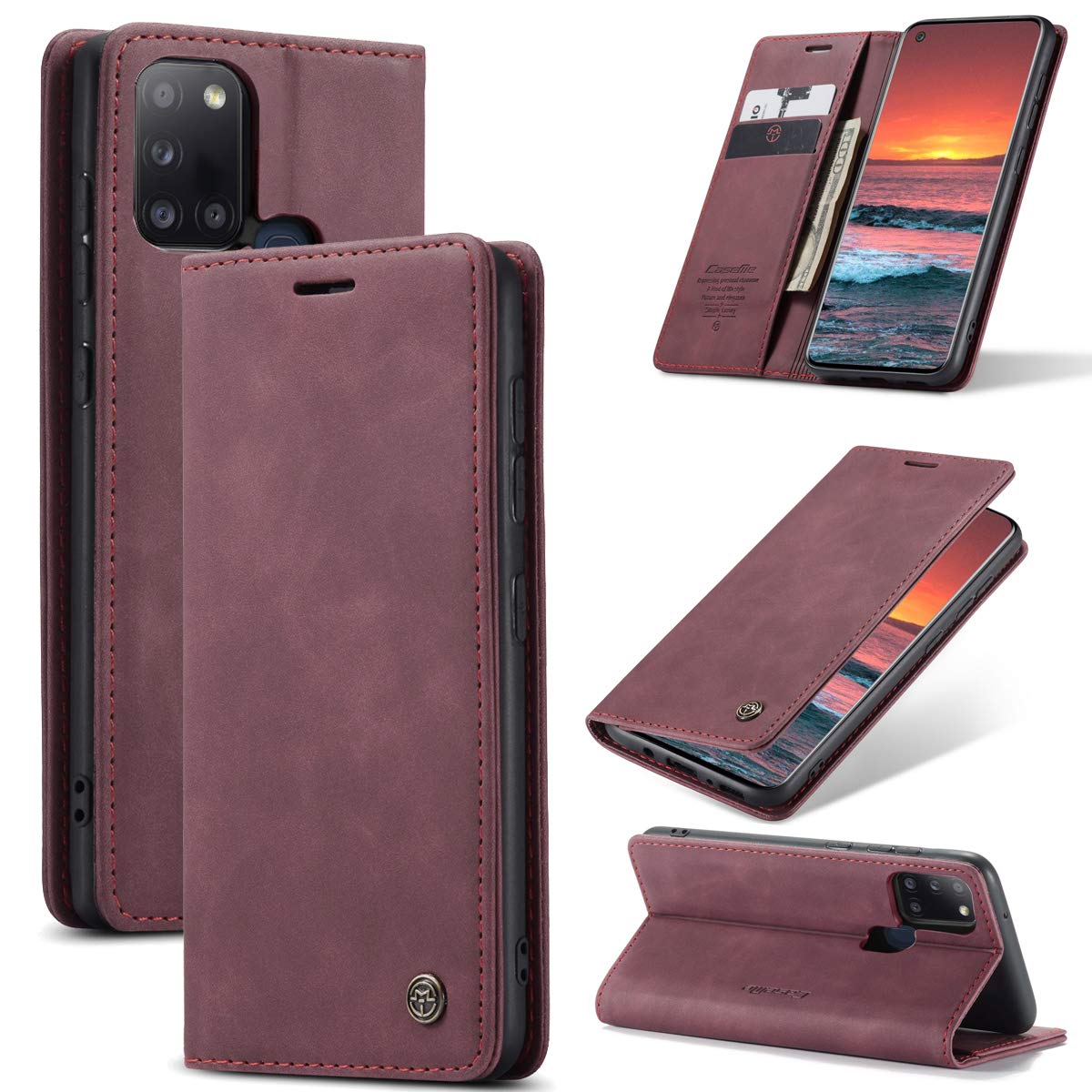 Vintage Style Samsung Galaxy A21S Leather Flip Case - Magnetic Wallet Cover with Card Slots & Kickstand | Protective Phone Case for Galaxy A21S (Red) | Perfect for Business, Travel & Everyday Use