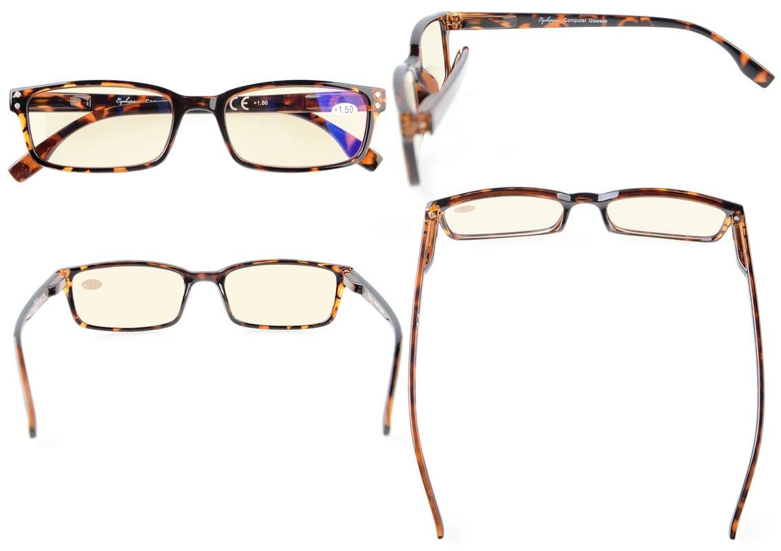 Classic Rectangular Frame Spring-Hinged Computer Reading Glasses with Orange Tinted Lenses - Blue Light Blocking for Digital Eye Strain Relief - Perfect for Office Work, Gaming & Screen Time
